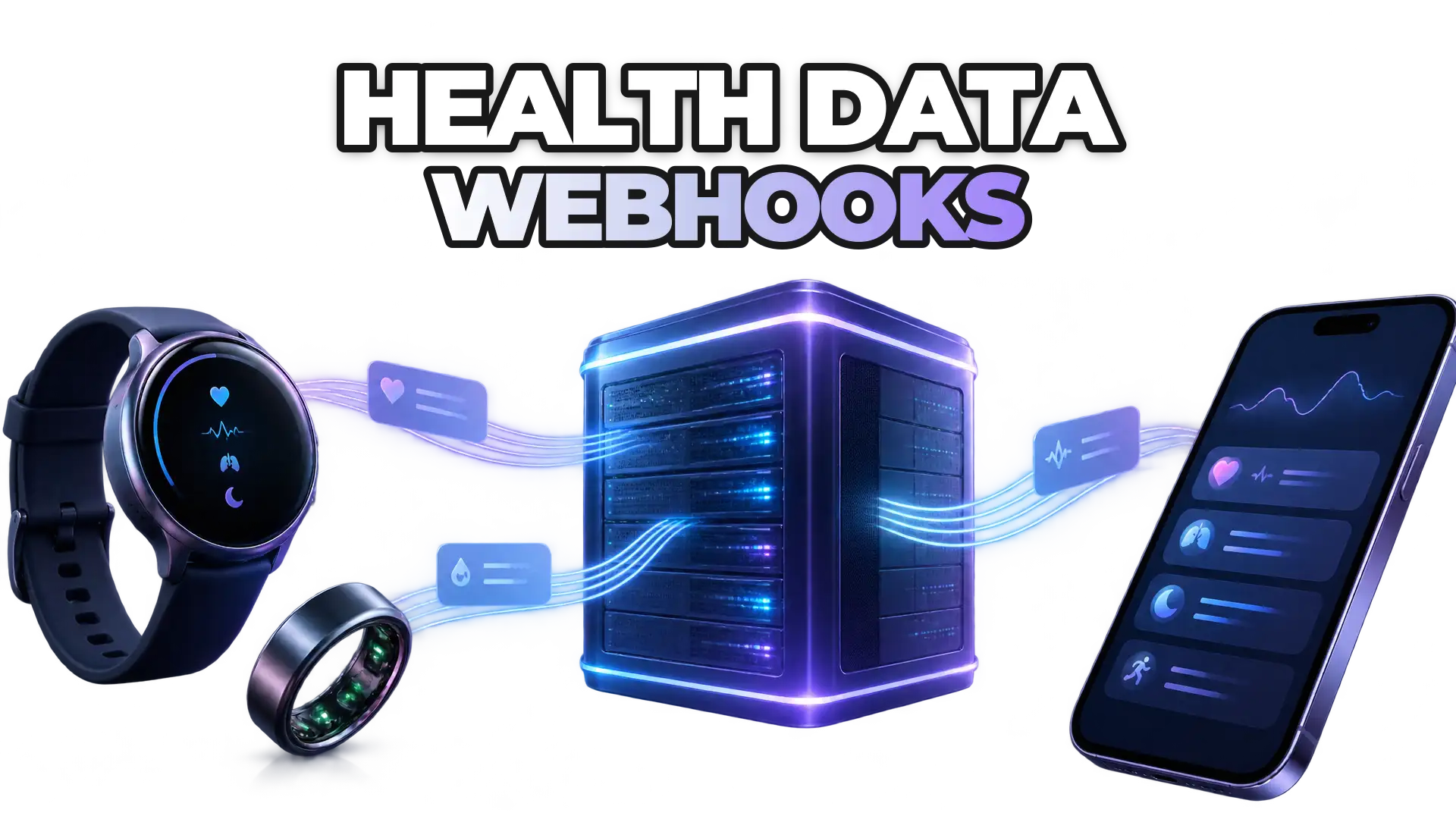 Health data webhooks: a smartwatch, a smart ring and a phone send streams of data into a glowing server