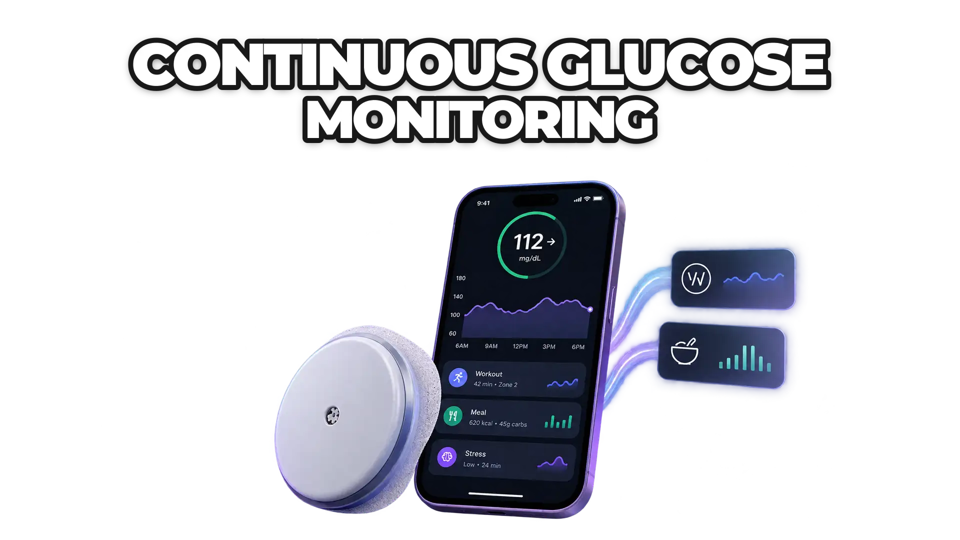 The Abbott FreeStyle Libre sensor paired with the Supersapiens app displaying real-time glucose trends on a smartphone screen, with workout, meal, and stress data layered from WHOOP and MyFitnessPal integrated into the visualization.