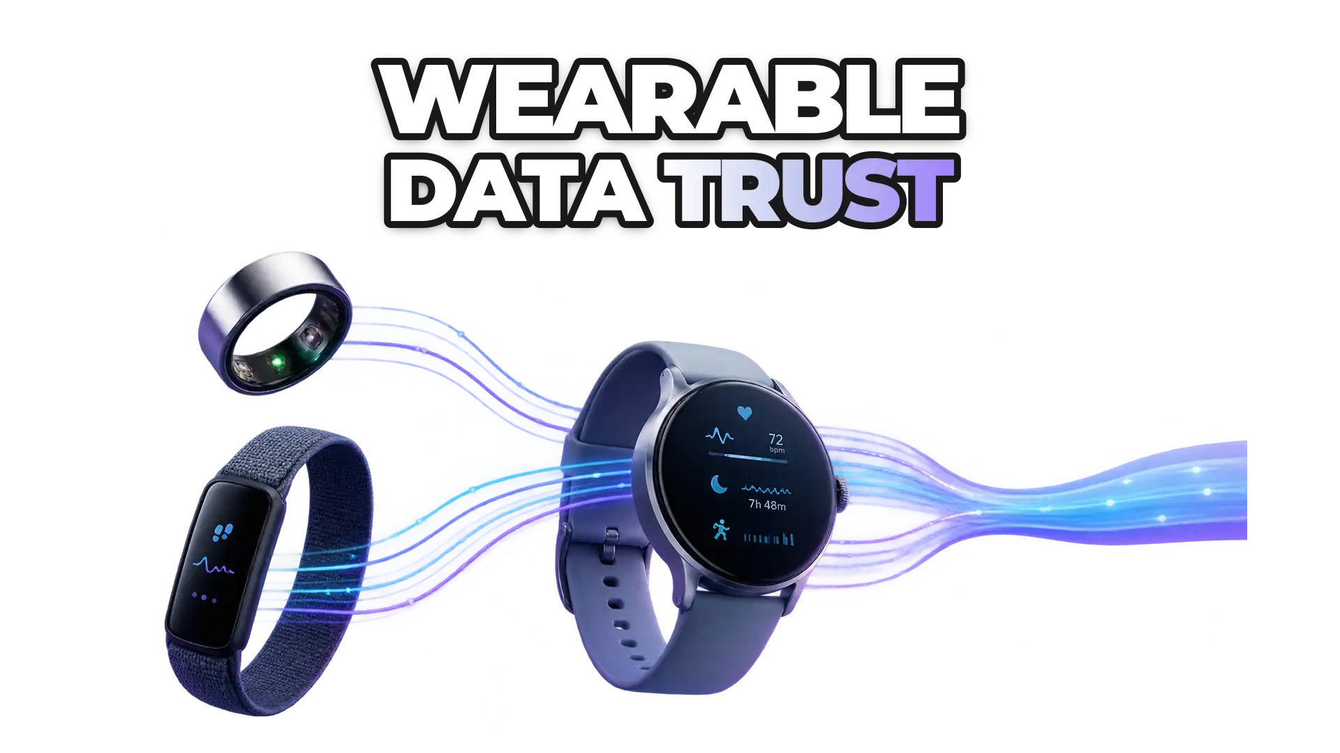 Multiple wearable devices (smartwatch, ring, band) transmitting fragmented data streams that converge into a unified, trustworthy data flow. Show inconsistency becoming consistency.