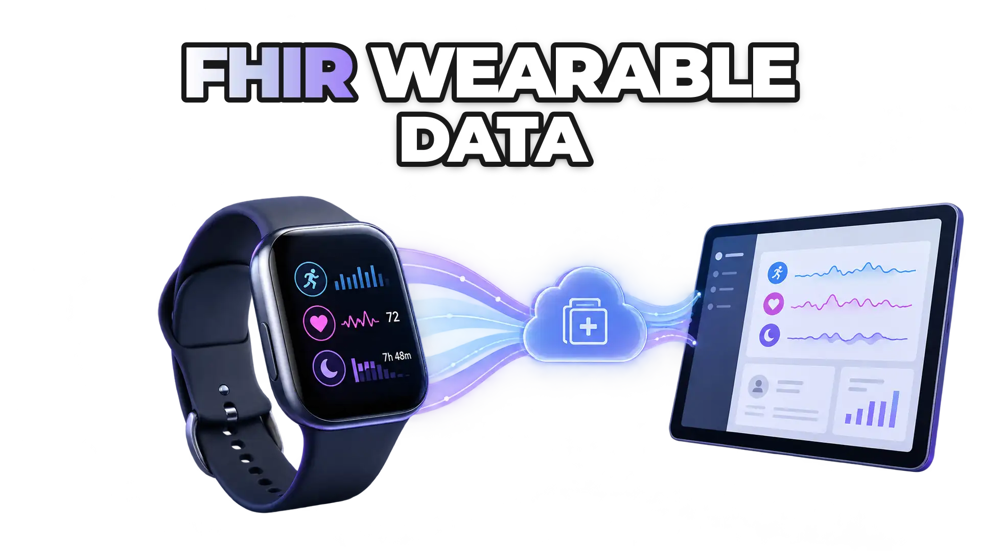 A smartwatch or fitness band transmitting activity, heart rate, and sleep data into a connected healthcare system through FHIR-compliant pathways. Show the device, the data stream, and a receiving healthcare interface—no diagnostic or clini