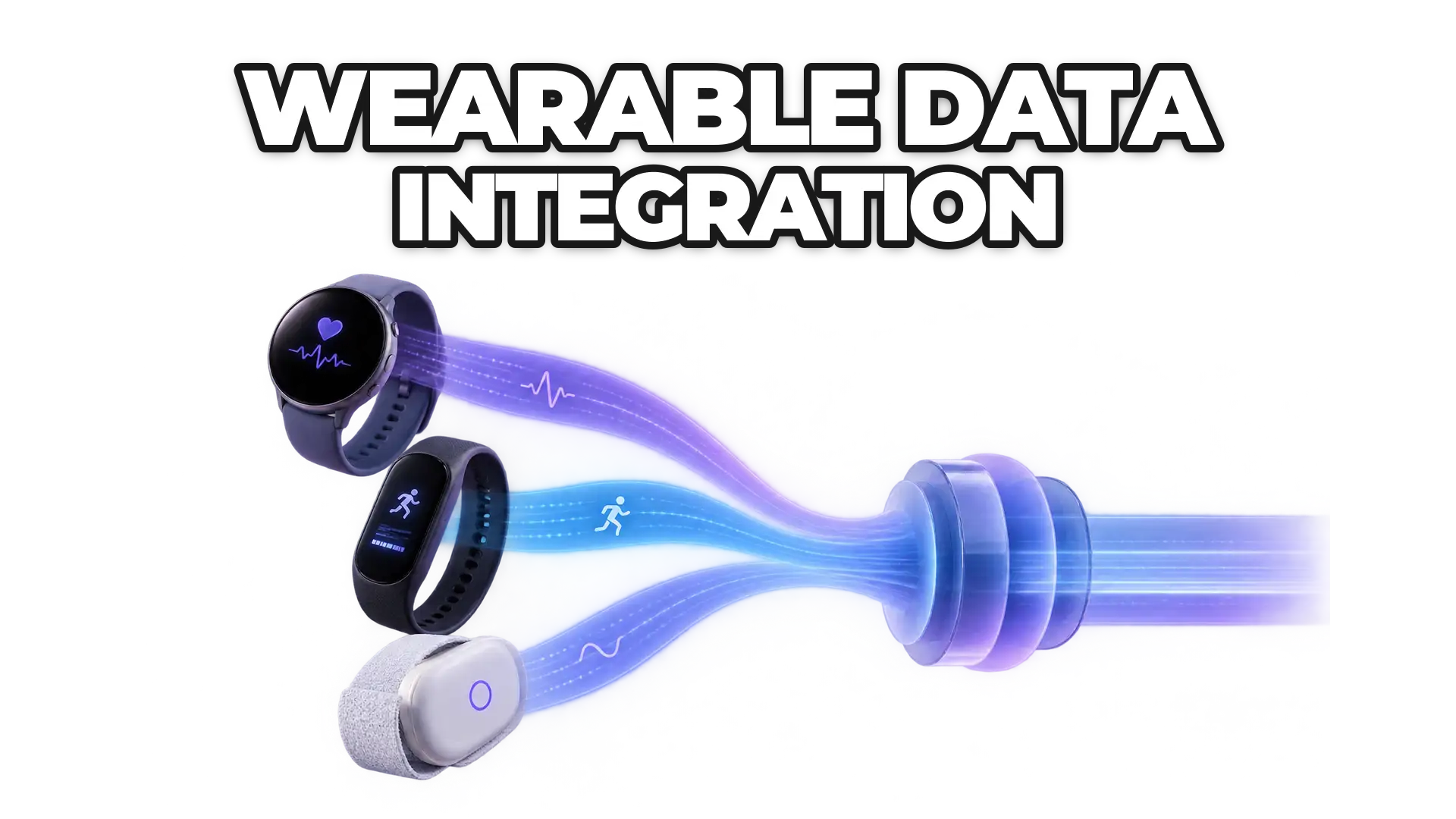 A standardized data flow from multiple wearable devices (smartwatch, fitness tracker, health monitor) converging into a single unified stream, representing the core problem the article addresses.