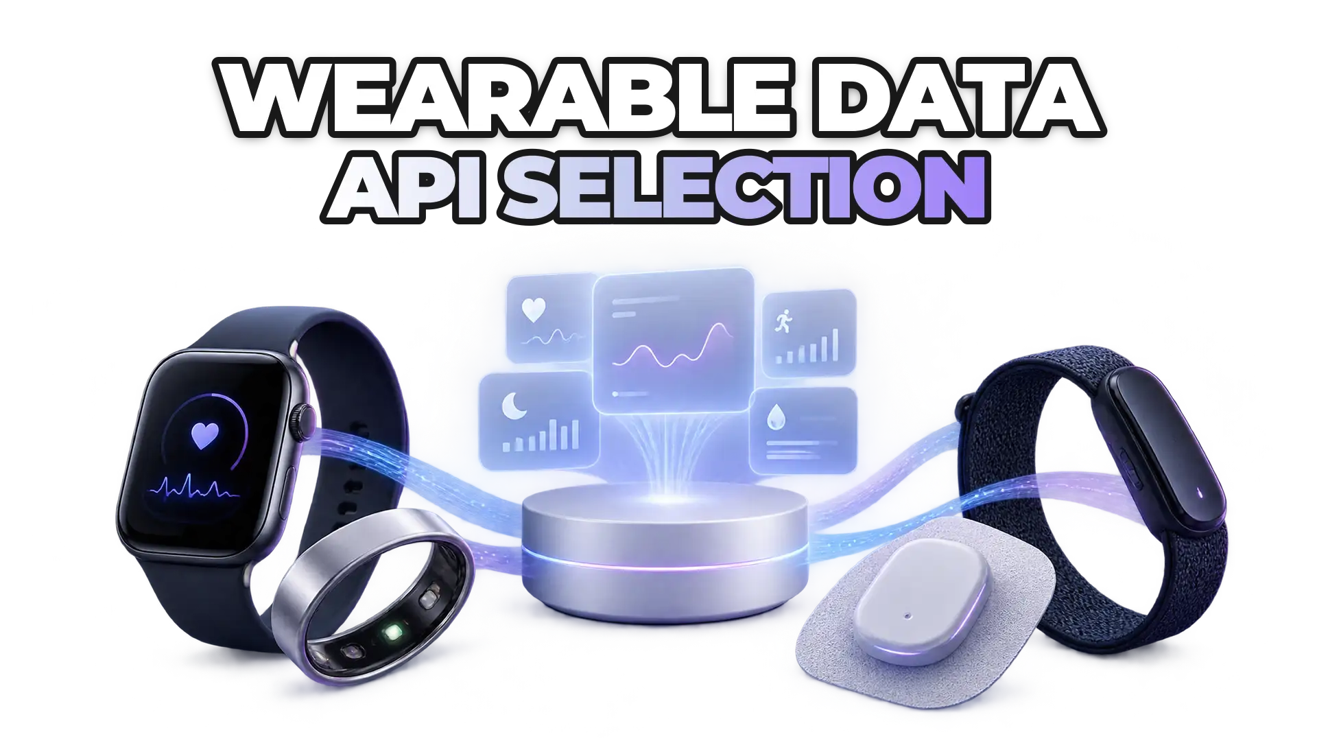 Multiple wearable devices (smartwatch, ring, patch, band) connected through a unified data platform, with normalized metrics flowing into a central analytics system.