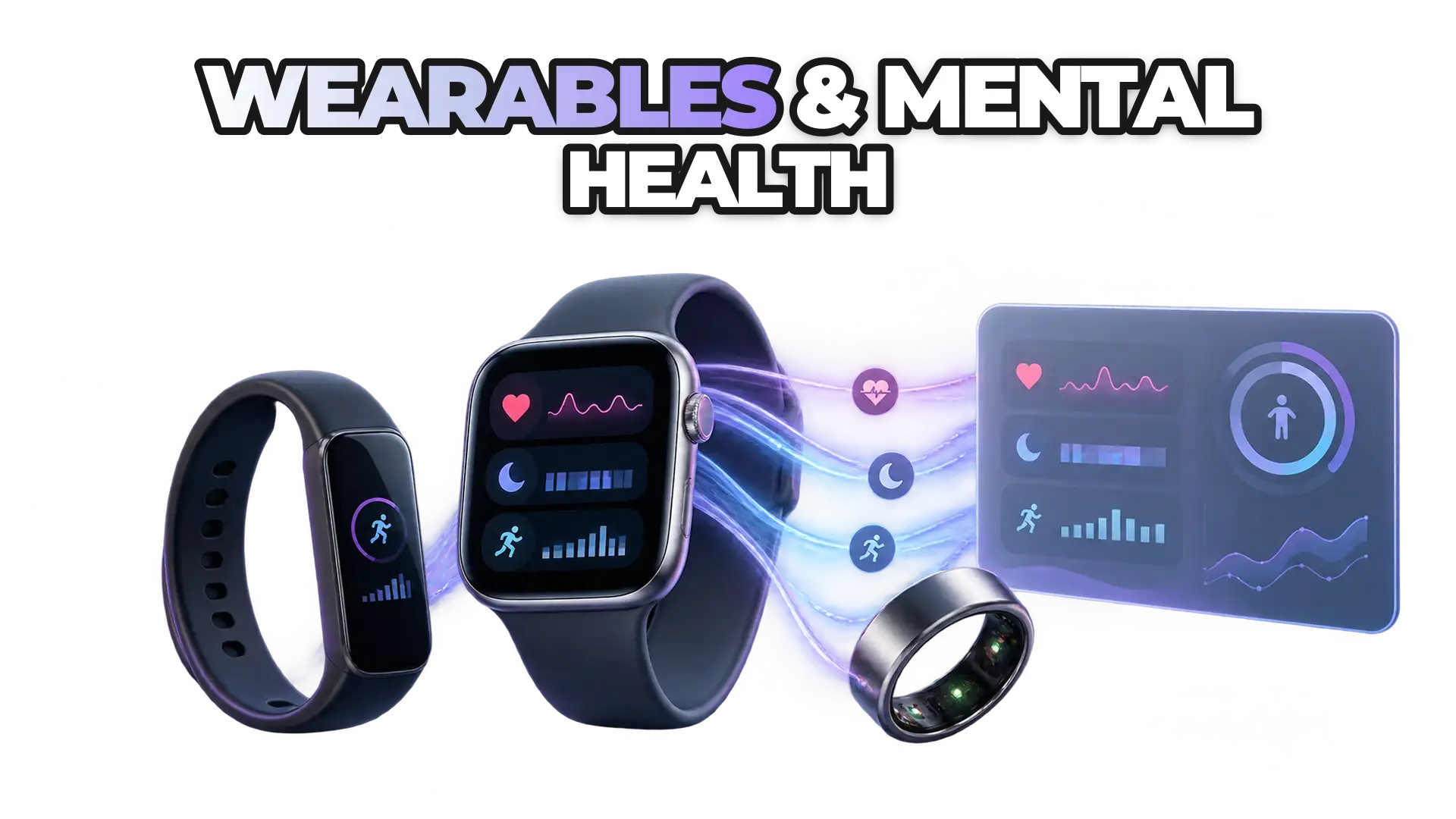 A smartwatch, fitness tracker, and smart ring displaying interconnected health signals—heart rate, sleep, and activity data—flowing toward a unified dashboard. The visual emphasizes data collection and pattern recognition, not diagnosis.