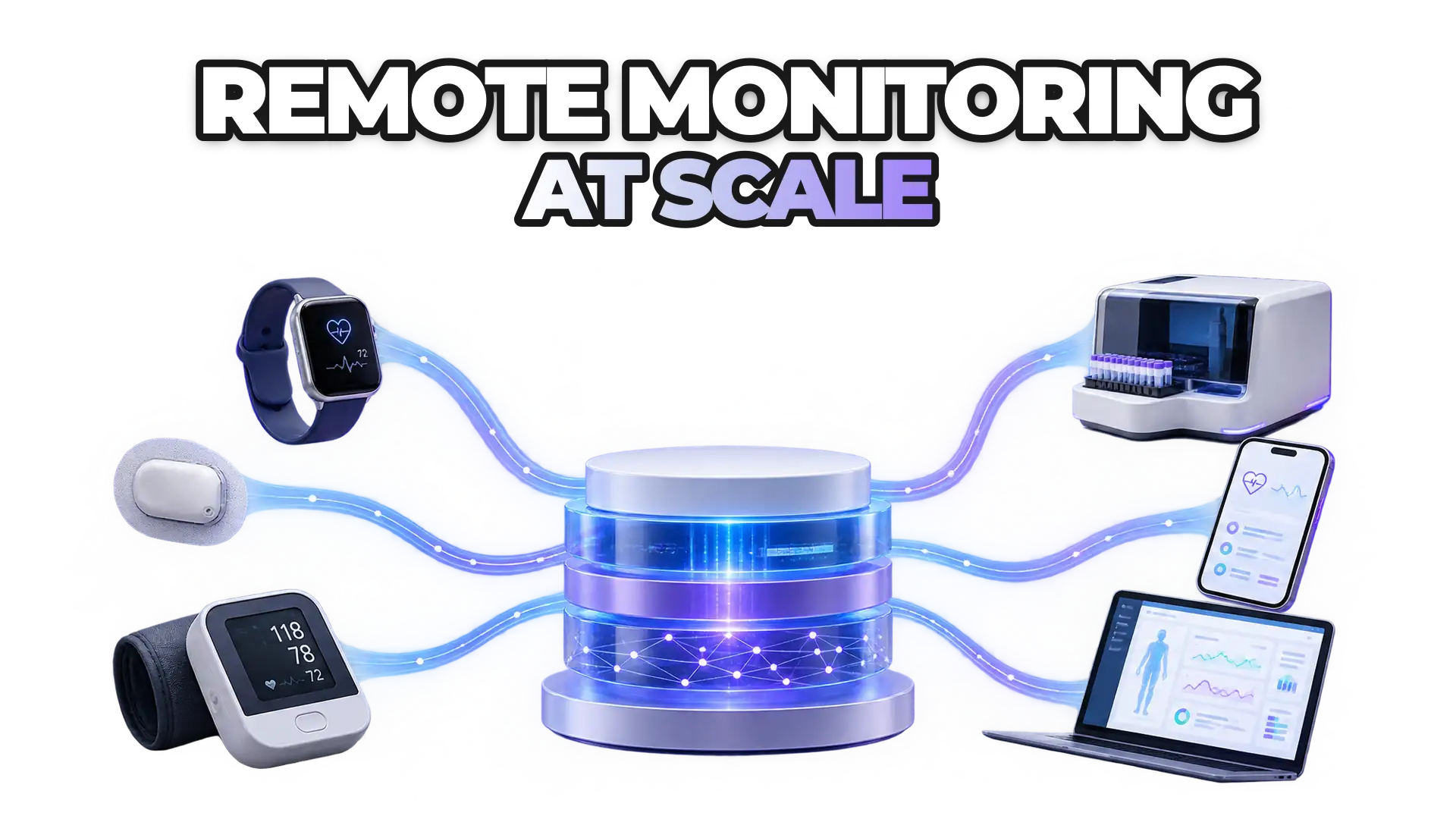 Multiple medical devices and health platforms (wearables, CGMs, blood pressure monitors, lab systems) connecting through a standardized central data layer, showing data flowing from fragmented sources into unified, normalized formats.