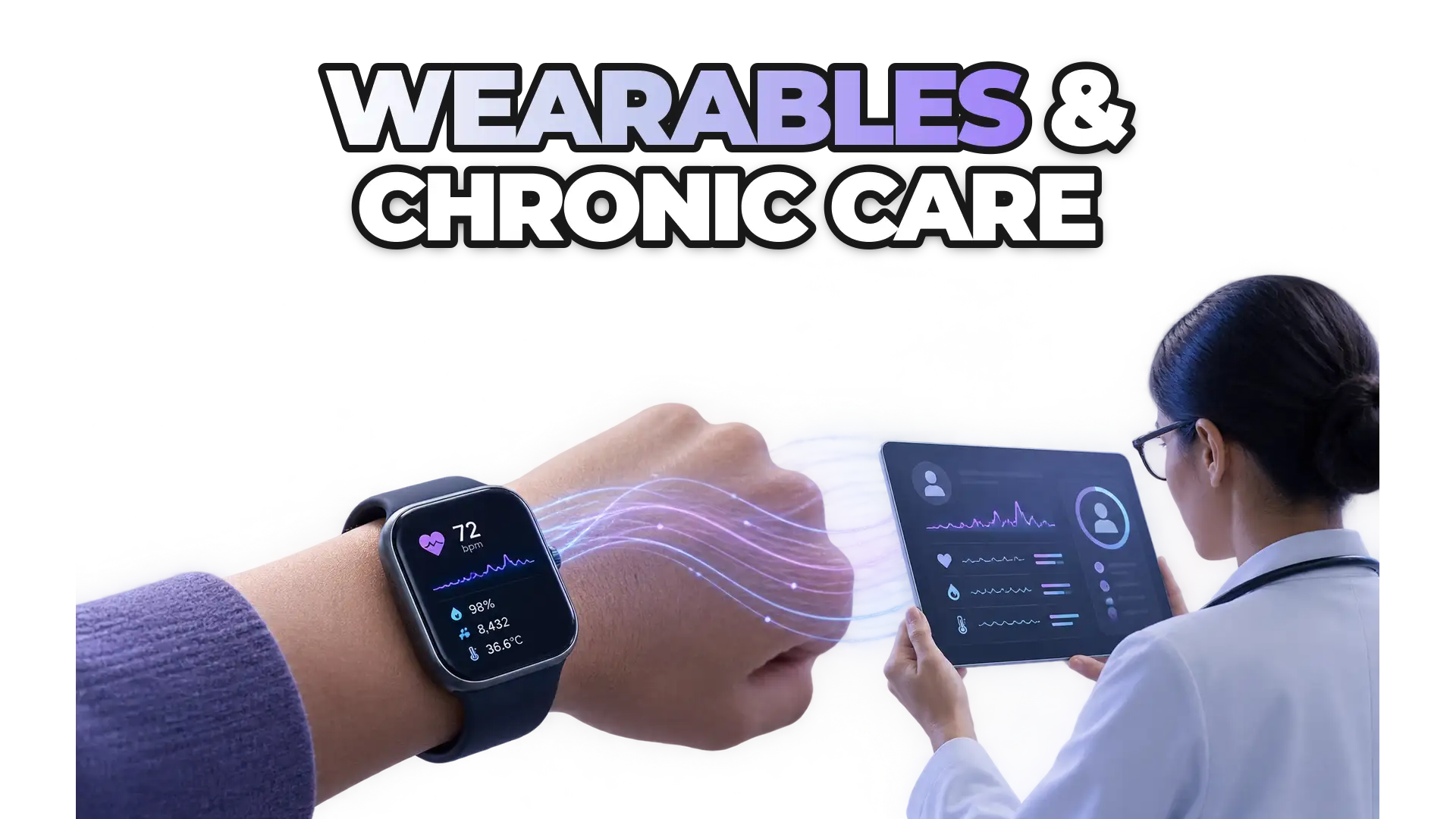 A smartwatch or wearable biosensor actively monitoring vital signs in real time, with data flowing securely to a healthcare provider's dashboard. Show the device on a wrist, the data stream, and a clinician reviewing personalized insights—w