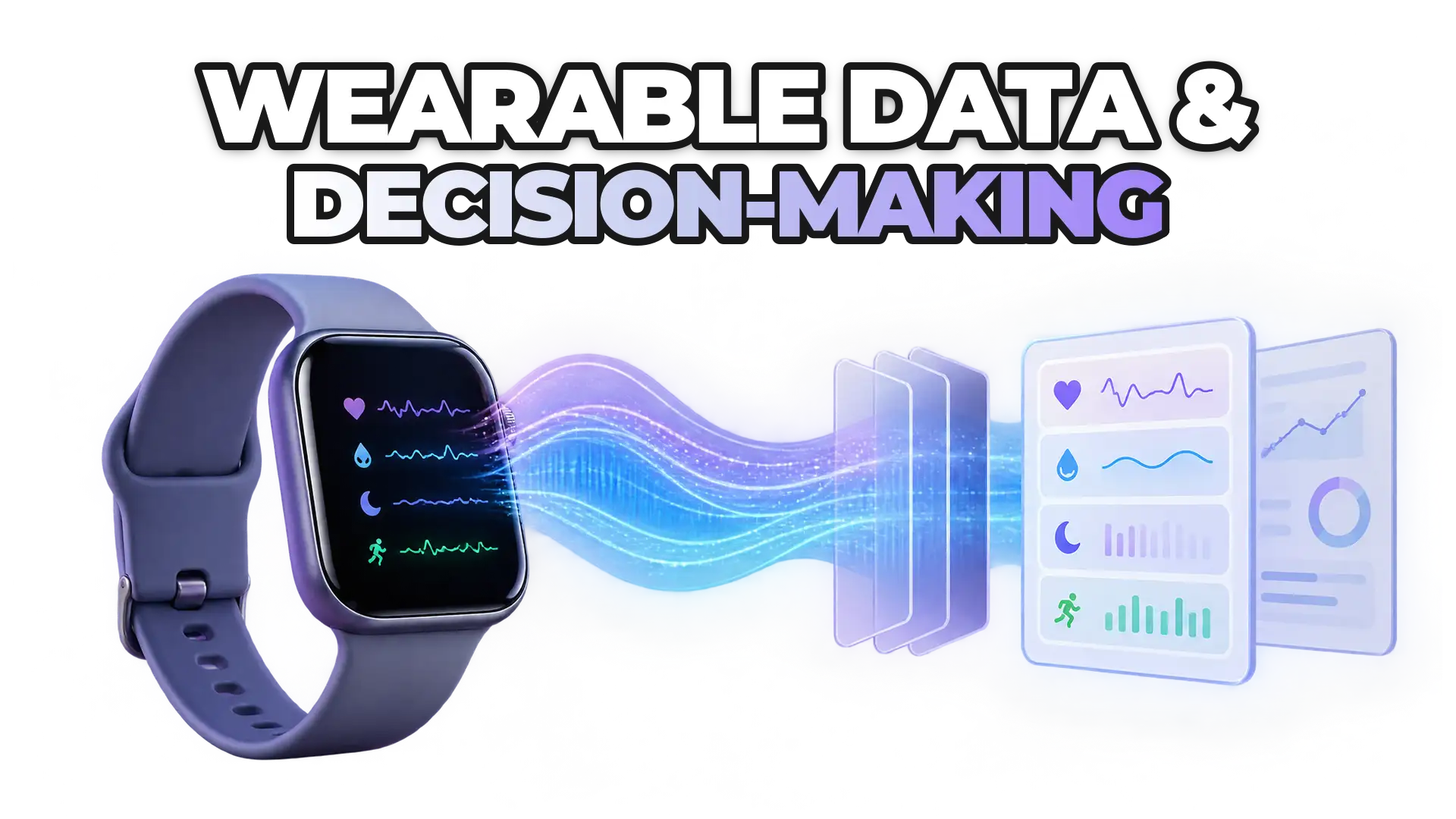 A wearable device (smartwatch or fitness band) connected to a flowing data stream that transforms from raw signals into structured, standardized information ready for clinical or wellness decisions. Show the data journey from collection to