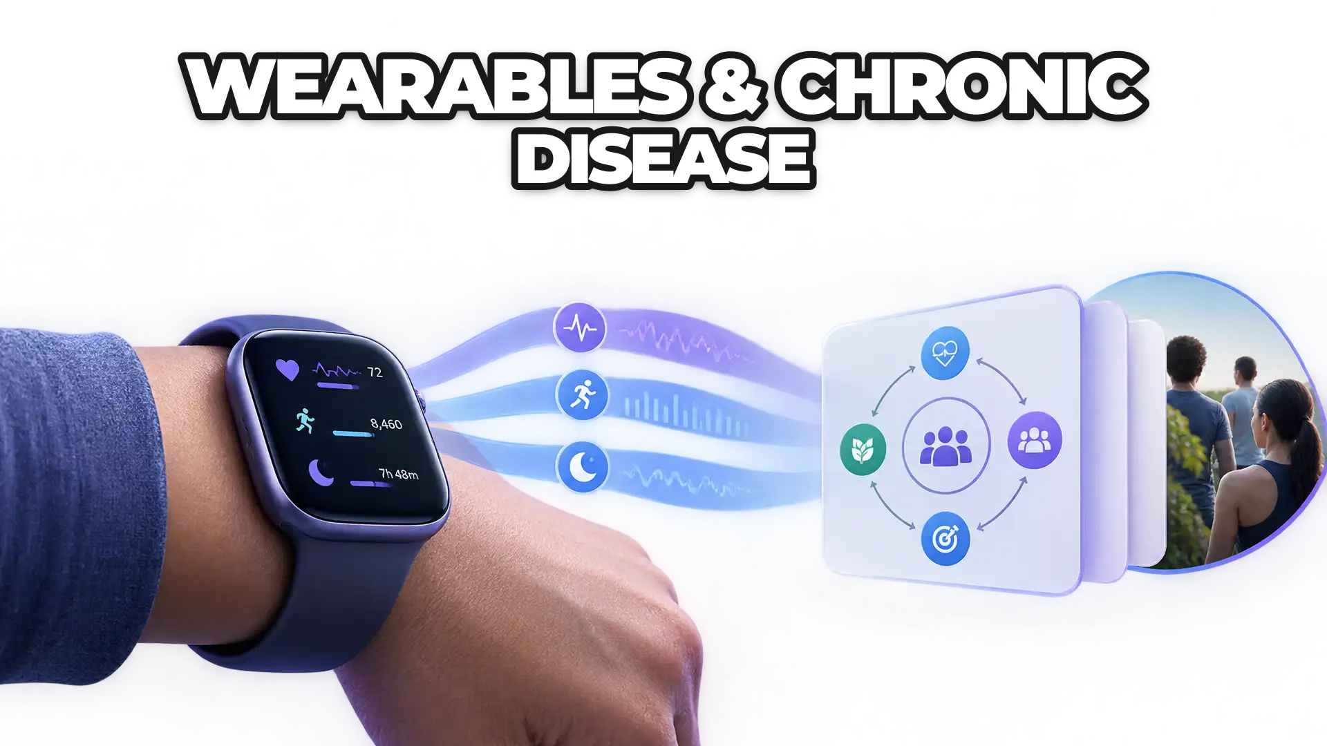 Wearable devices monitoring behavioral patterns—activity levels, sleep consistency, heart rate changes—that inform prevention strategies. Visual shows longitudinal data signals (not clinical diagnosis) flowing into a community health progra