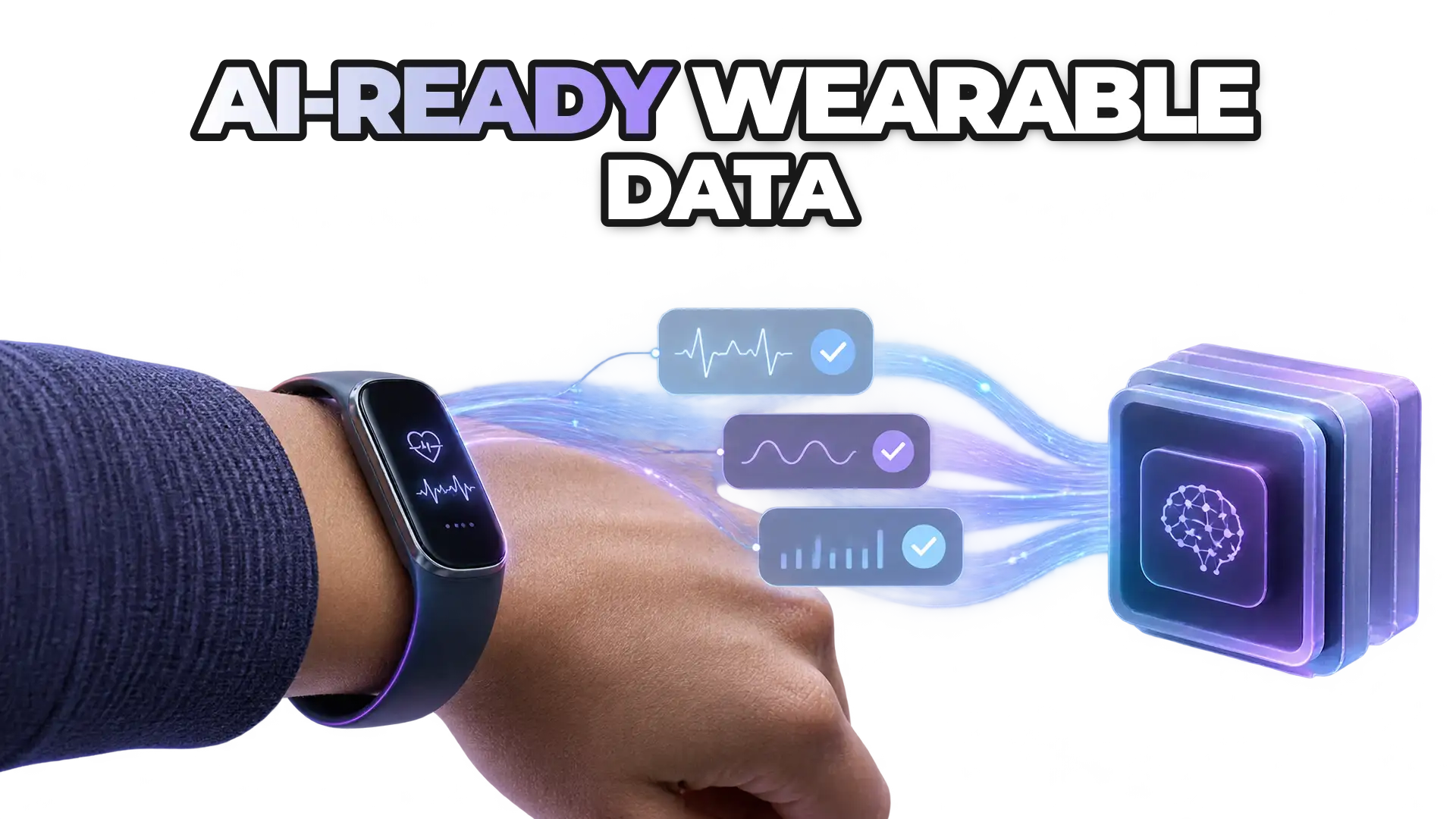 A wearable device transmitting clean, structured data signals into an AI model, with visual indicators of data quality and consistency, showing how prepared information accelerates machine learning workflows.