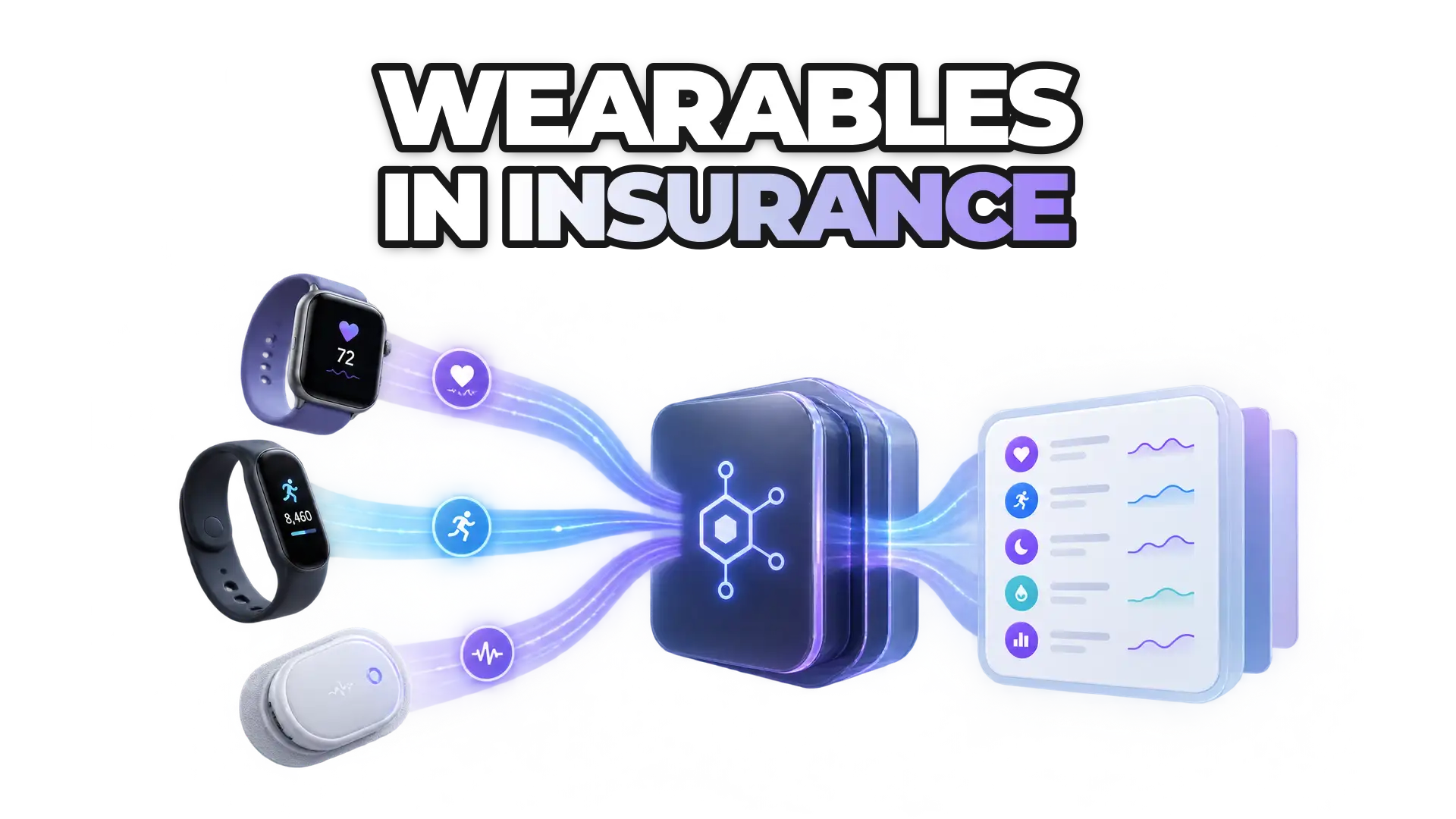 A unified API gateway receiving fragmented data streams from multiple wearable device types—smartwatches, fitness trackers, health monitors—converging into a single standardized format. Show data harmonization without diagnostic imagery.