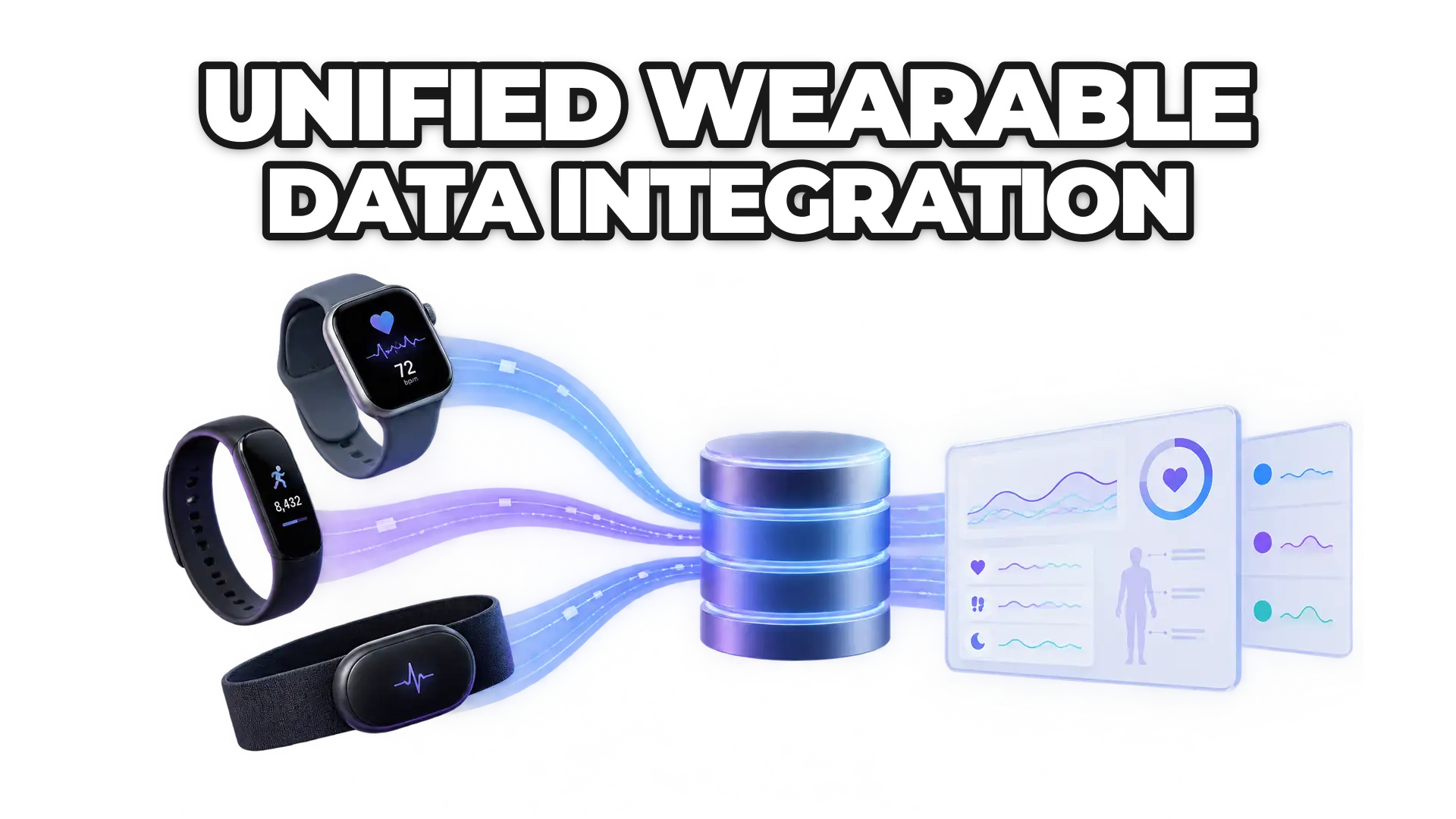 Multiple wearable devices (smartwatch, fitness band, heart rate monitor) converging their data streams into a single normalized database or dashboard, showing data harmonization across different manufacturers.