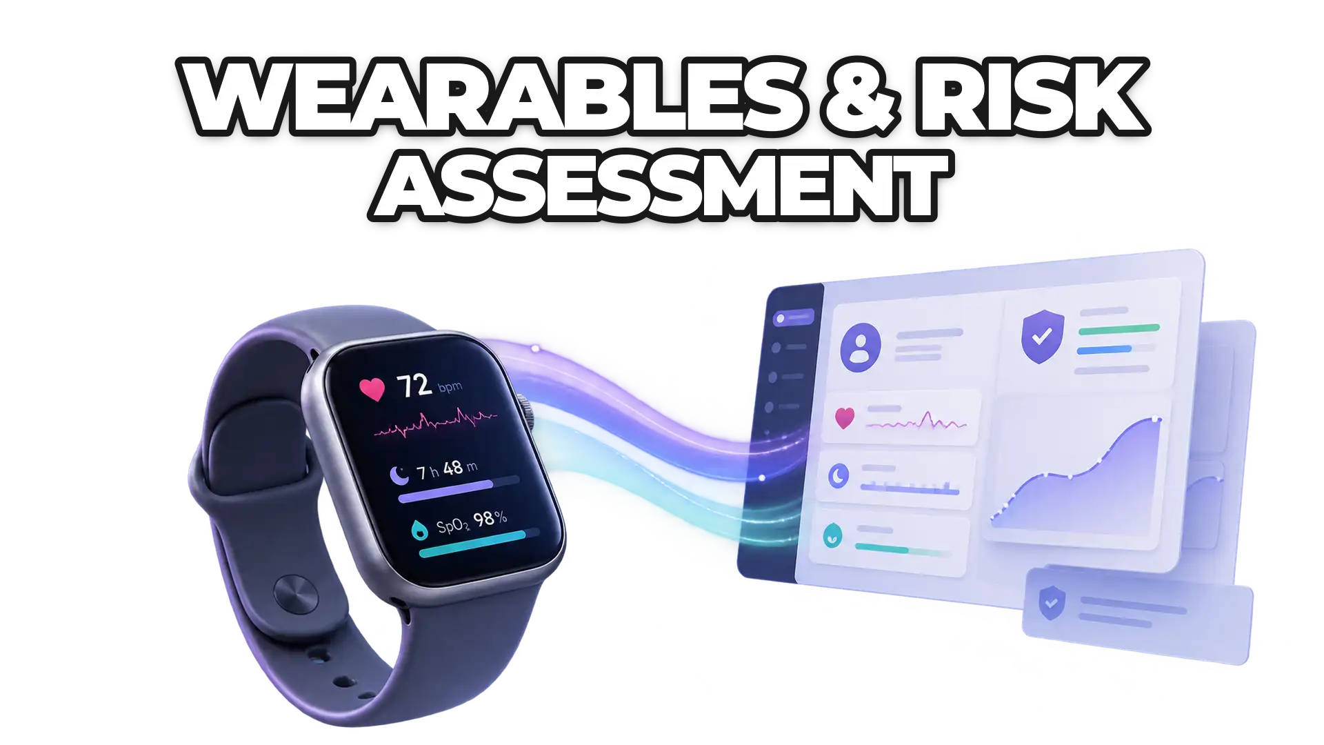 A smartwatch or fitness tracker displaying health metrics (heart rate, sleep, blood oxygen) connected to an insurance underwriting dashboard, showing how continuous biometric data flows into personalized policy decisions.