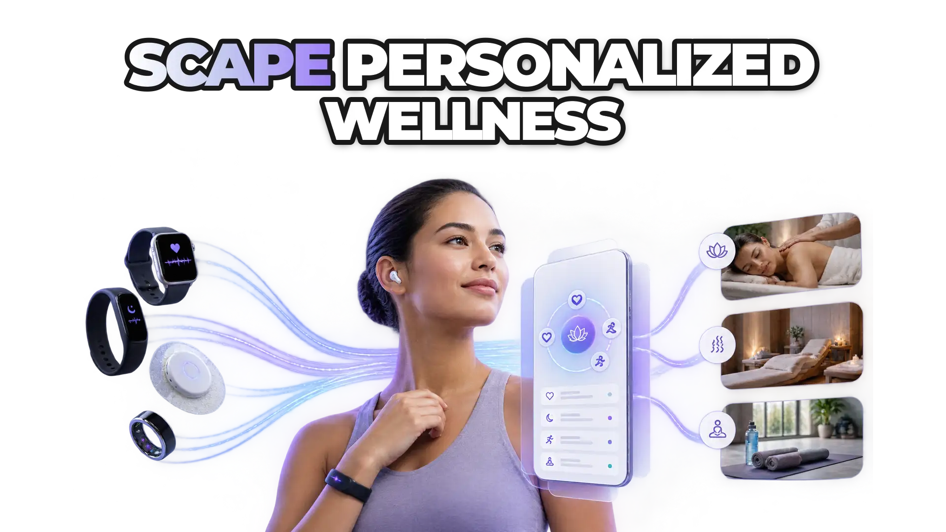 Multiple wearable devices and health sensors transmitting data streams that converge into a unified wellness platform controlling spa service delivery.
