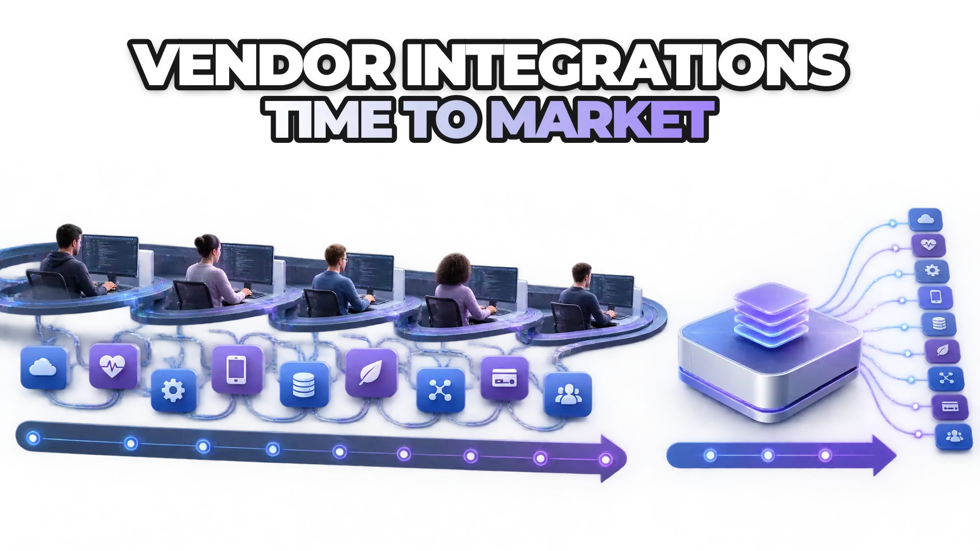 A calendar or timeline showing two parallel paths: a long, complex build cycle with multiple developer workstations and the simultaneous management of many brand APIs, versus a fast track using a unified integration platform. Emphasize spee