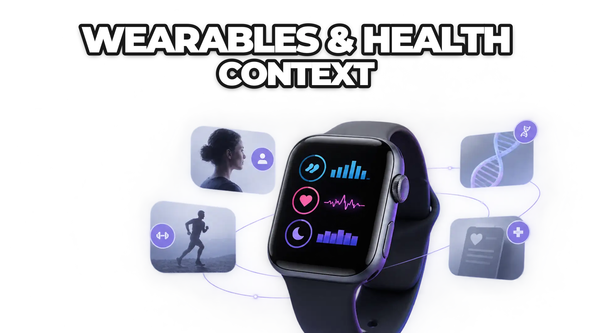 A smartwatch displaying isolated health metrics (steps, heart rate, sleep) disconnected from each other, with shadowy contextual factors—age, fitness level, health history—hovering around the device to show what the watch cannot see or inte