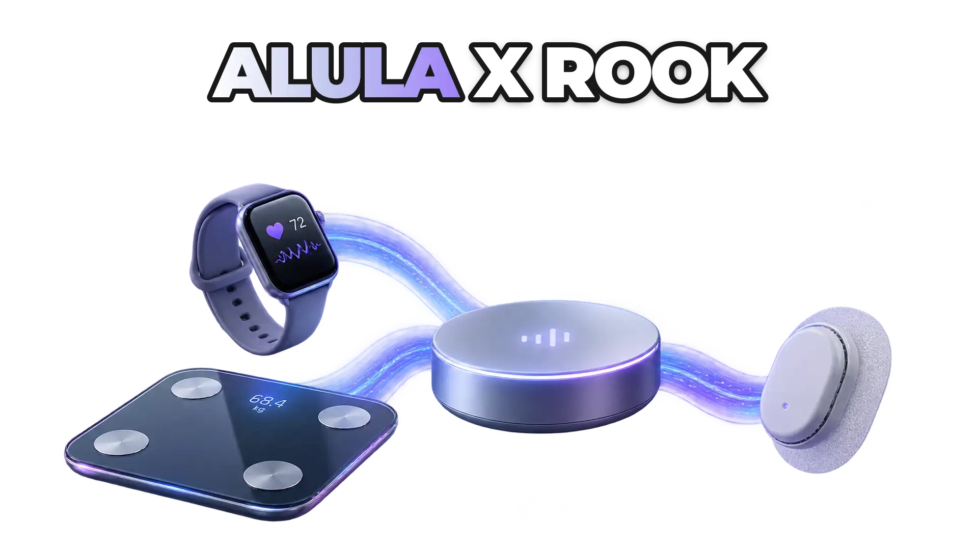 A unified data stream flowing from multiple wearable devices—smartwatch, smart scale, glucose monitor—converging into a single connected system representing data aggregation and integration.