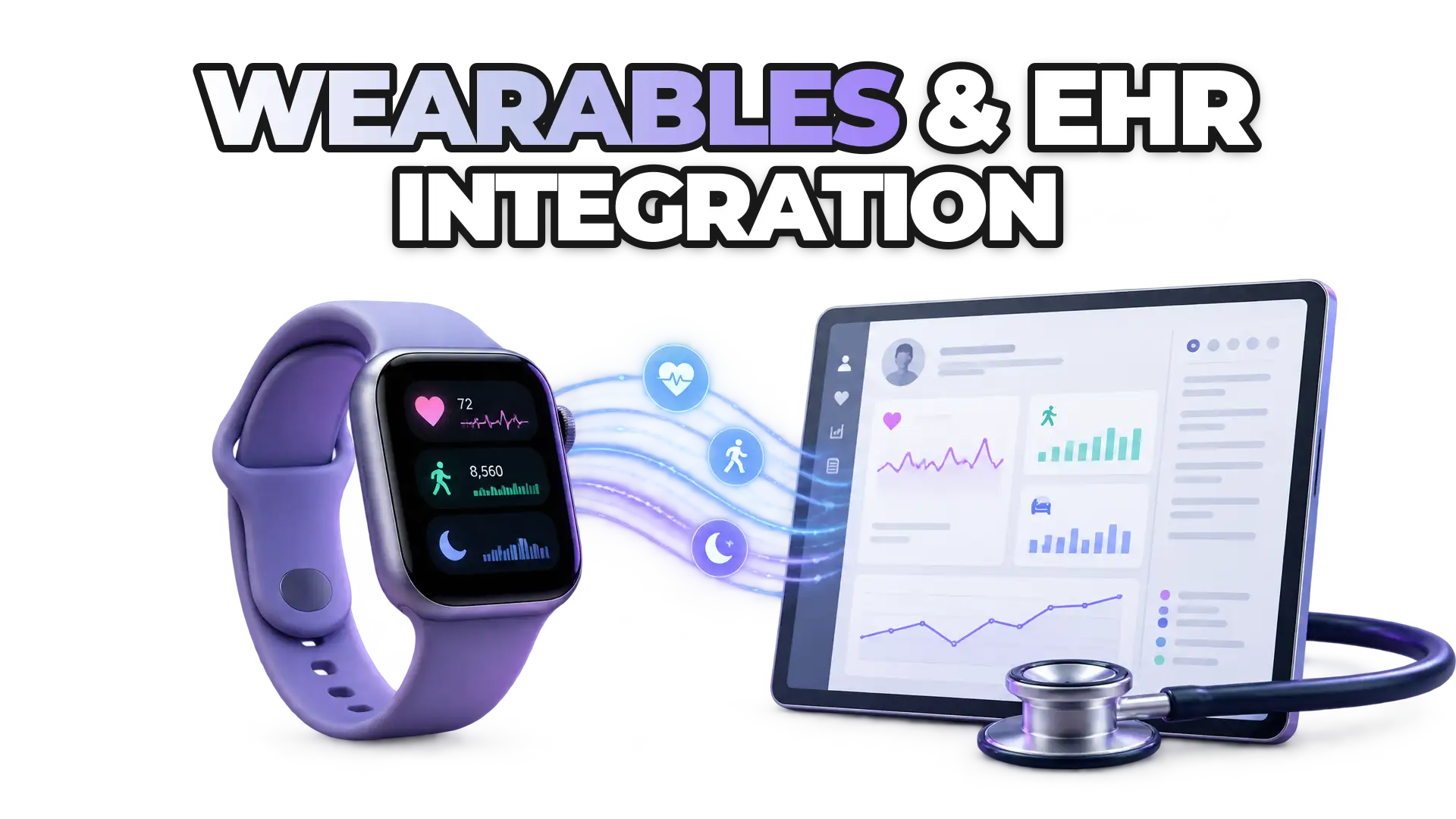 A smartwatch or fitness tracker connected to an EHR system dashboard, displaying continuous health metrics like heart rate and activity data flowing into a clinician's view between patient visits.