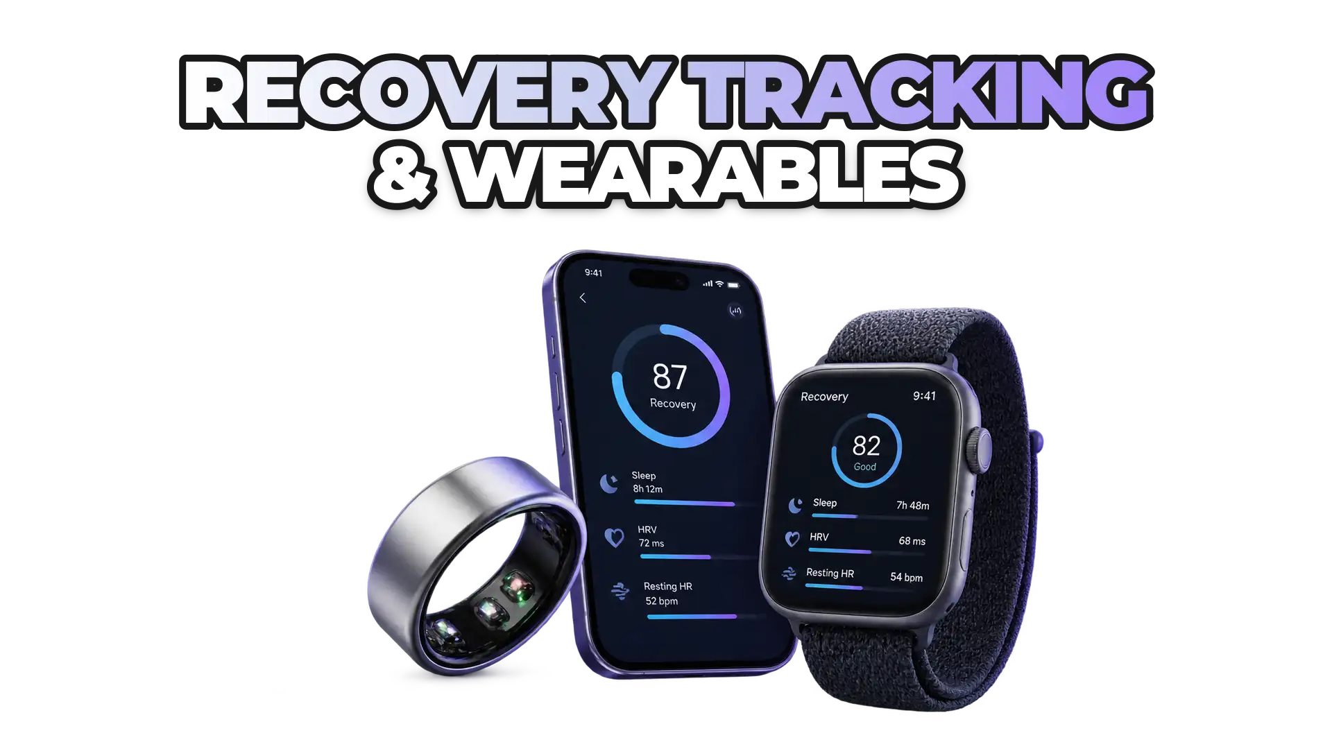 Two distinct wearable devices—a minimalist ring and a wrist strap—positioned side by side, each displaying recovery metrics on their respective companion app screens. The visual contrasts form factor and data presentation without diagnostic