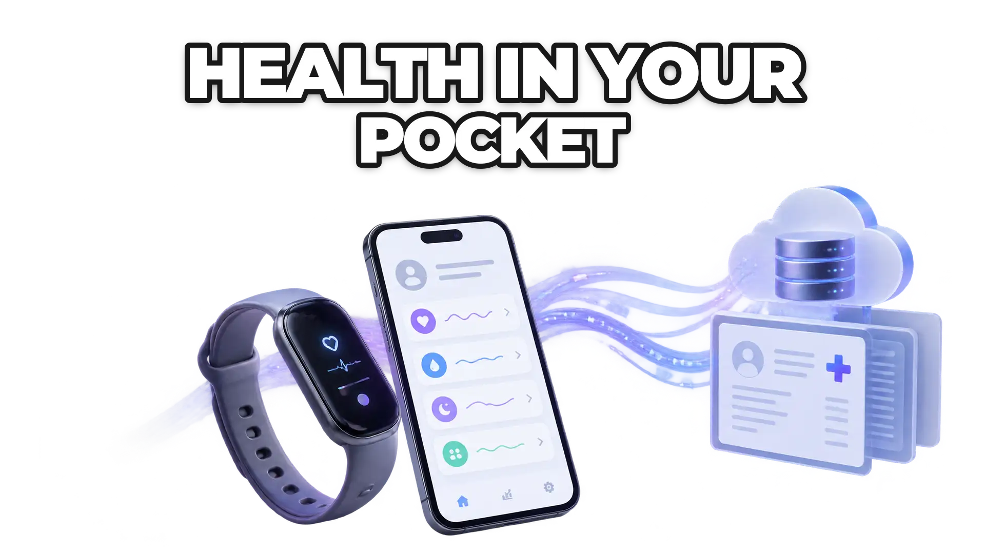 Connected medical devices and smartphone apps syncing patient records through APIs, with data flowing between a wearable device, mobile interface, and healthcare provider systems. The visual emphasizes the standardization and movement of he