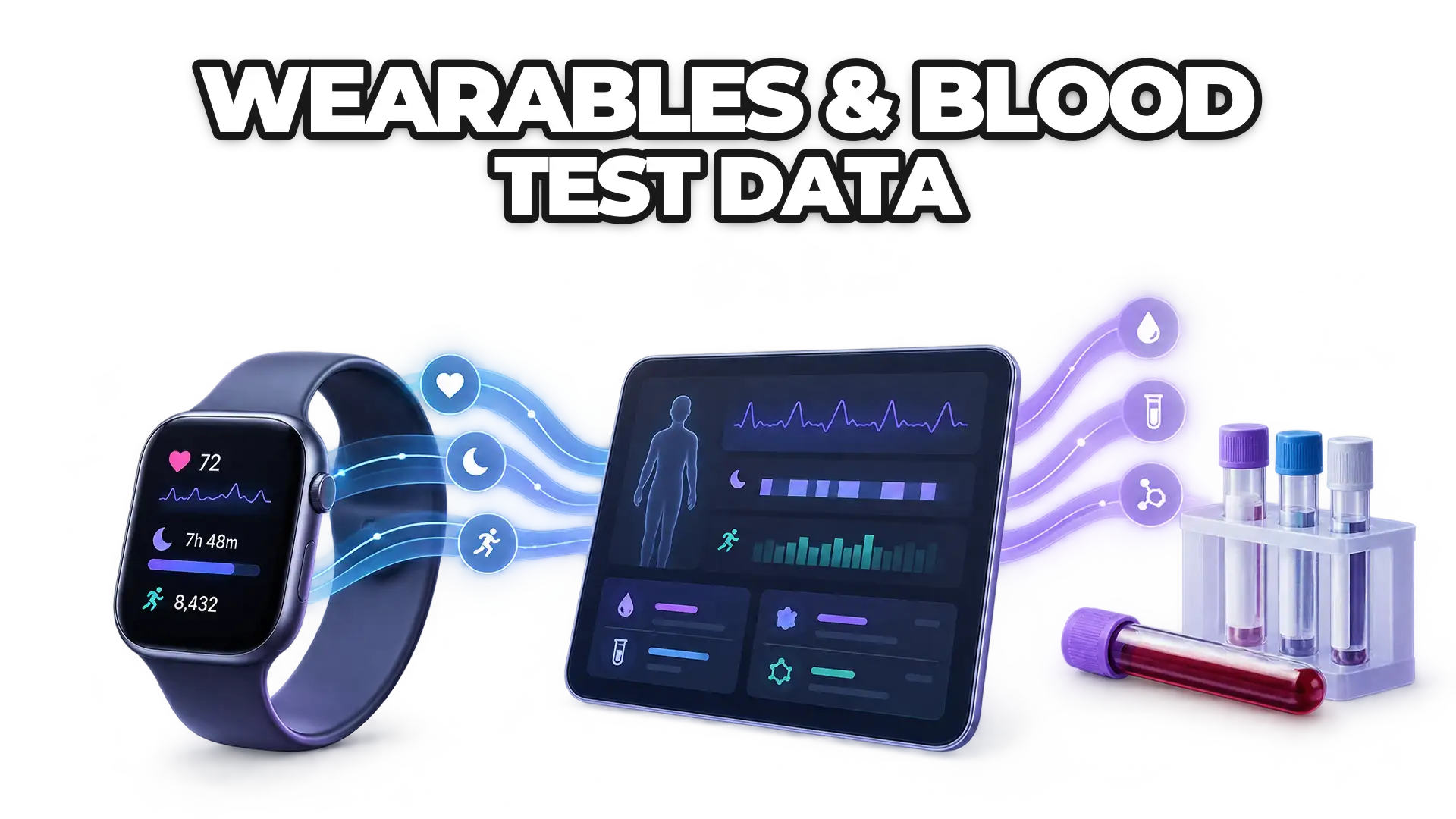 Two data streams—continuous wearable signals (heart rate, sleep, activity) and periodic lab measurements (glucose, cholesterol, inflammation)—flowing into a unified health dashboard. Show the complementary nature of behavioral and clinical