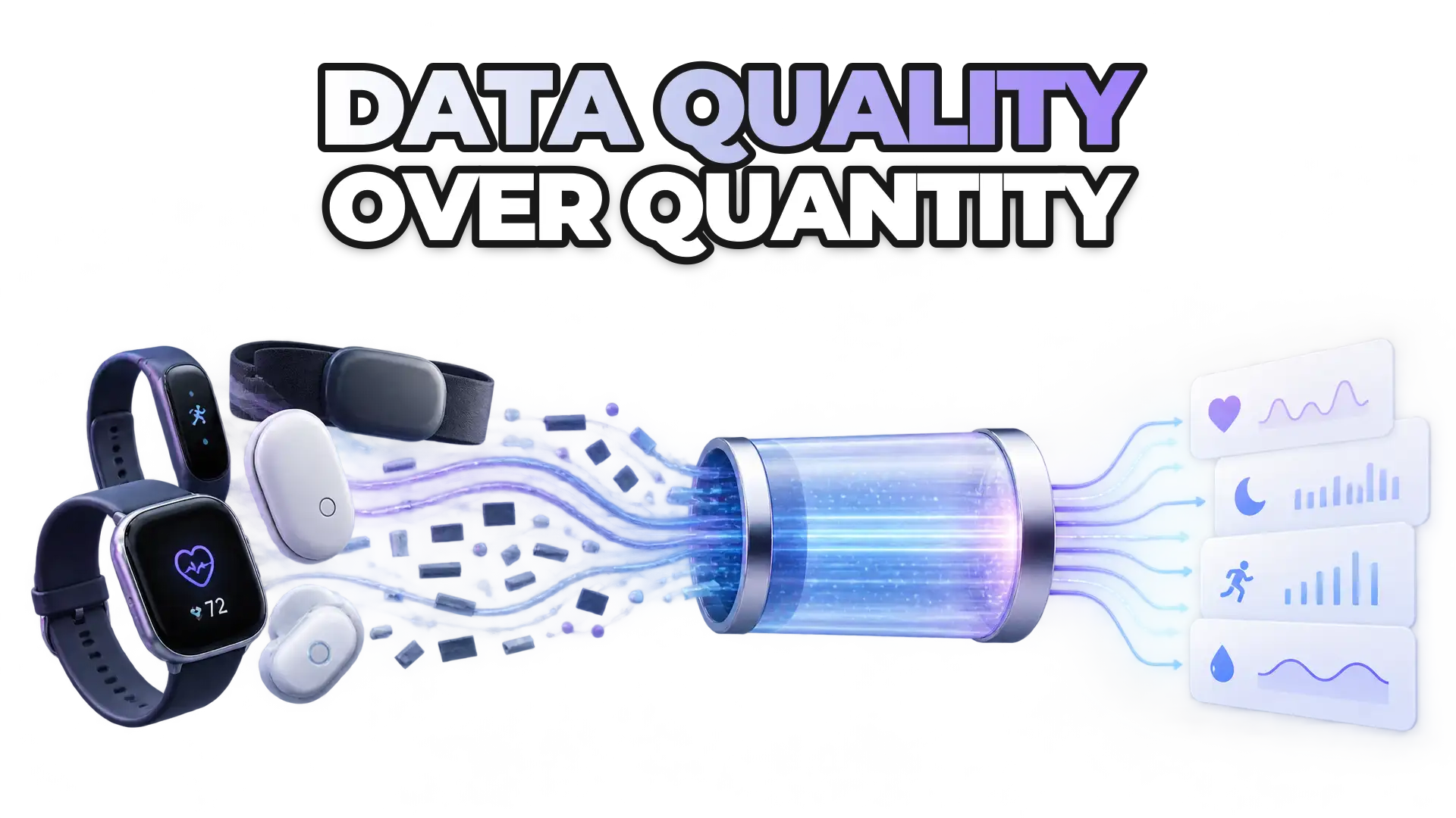 Wearable devices and health sensors feeding into a standardized data pipeline, with clean structured data emerging on one side and fragmented raw data being filtered out on the other. The visual emphasizes the transformation from messy mult