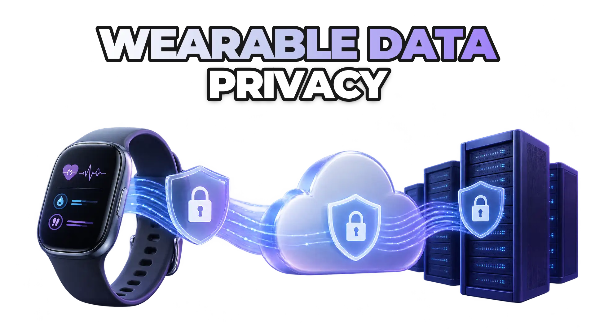 A wearable device transmitting encrypted health metrics through secured cloud infrastructure, with padlock and shield symbols representing multi-layer protection across device, API, and backend systems.