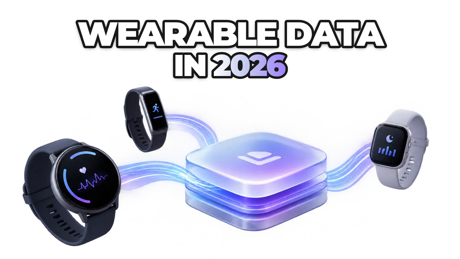 A unified data layer connecting multiple wearable devices (smartwatch, fitness band, health tracker) through standardized protocols and APIs, showing data flowing from fragmented sources into a single organized system.