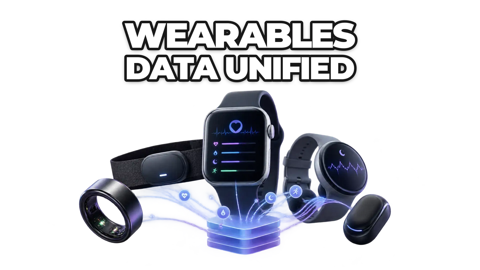 Multiple wearable devices—smartwatches, rings, chest straps—converging into a single connected system that processes and normalizes health metrics from across a fragmented market.