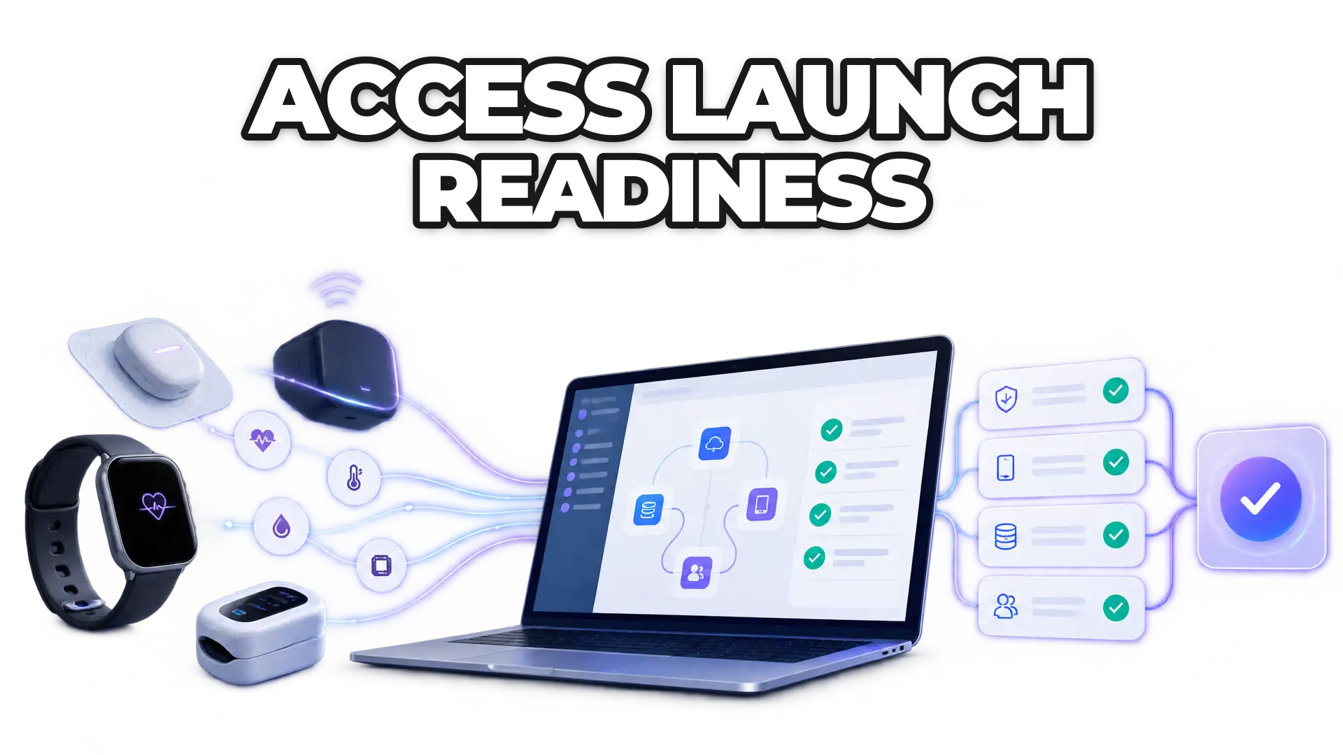 A checklist or verification dashboard for ACCESS program deployment, showing data flows, connected devices, and workflow validation steps coming together before go-live.