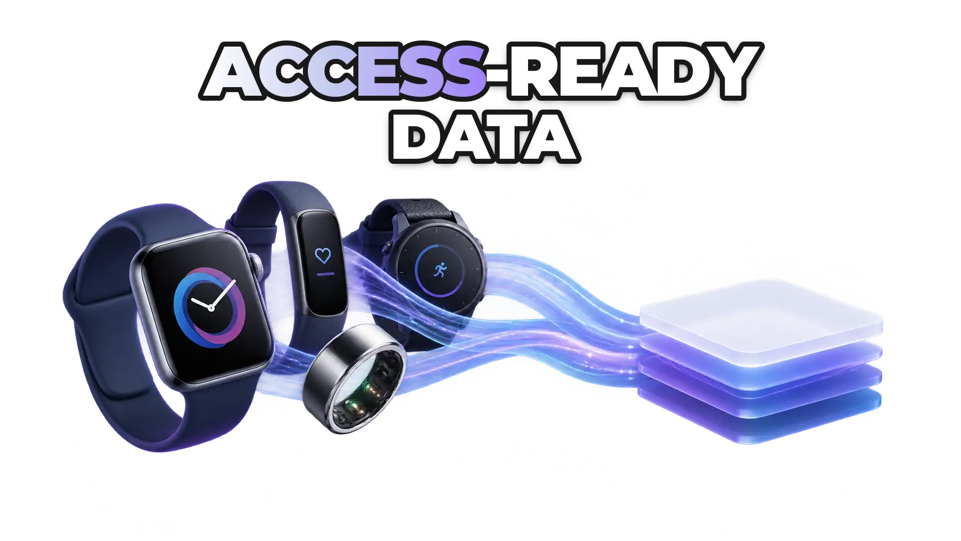 Multiple wearable devices (Apple Watch, Fitbit, Garmin, Oura ring) converging into a single unified data stream or pipeline. Show data flowing from fragmented sources into a normalized, organized layer without diagnostic imagery.