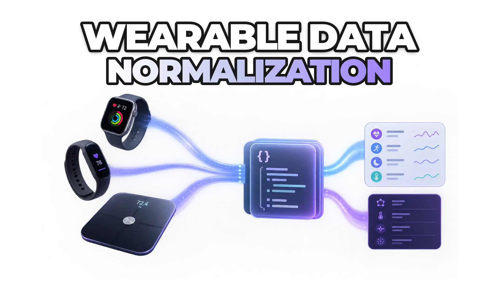 A unified data stream flowing from multiple wearable devices (smartwatch, fitness tracker, smart scale) into a single standardized JSON structure, with proprietary metrics branching off separately.