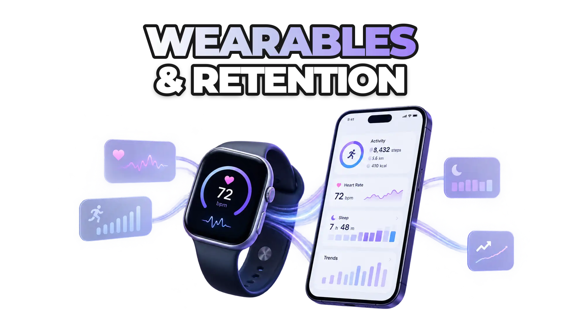 A smartwatch or fitness wearable device connected to a mobile app dashboard displaying health metrics: heart rate, activity, sleep data, and engagement trends. The visual shows data flowing from the device into personalized insights and pro