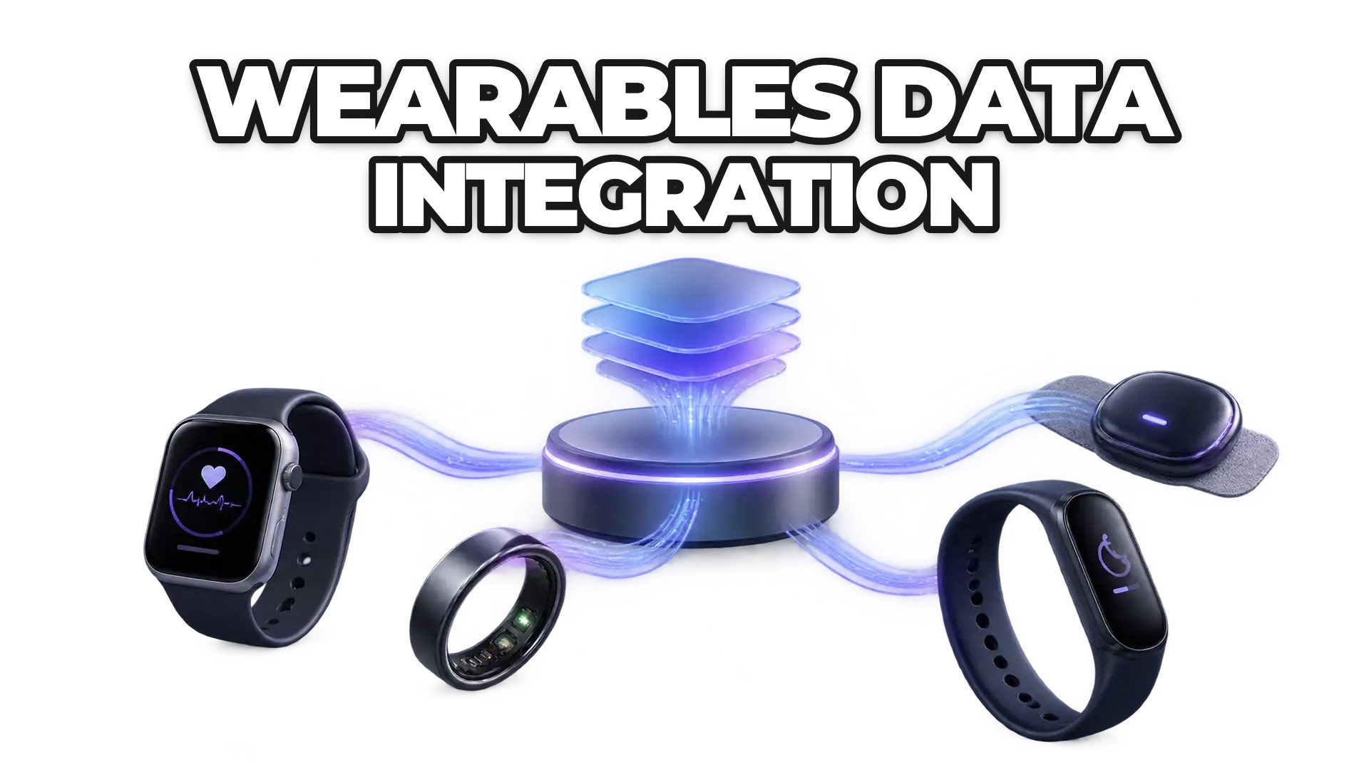 A single API gateway connecting to multiple wearable devices (smartwatch, ring, band, biometric sensor) with normalized data flowing into a unified platform, representing the consolidation of fragmented device ecosystems.