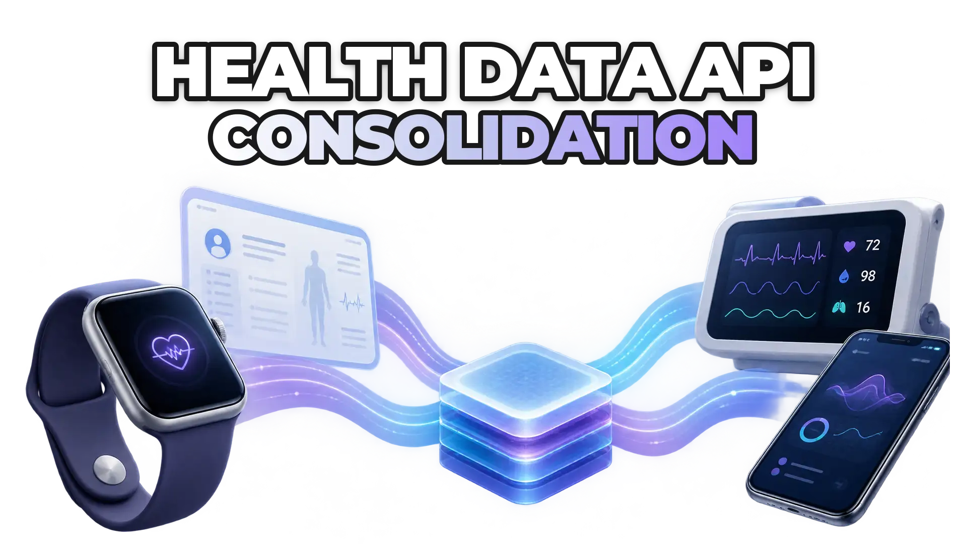 Multiple data streams converging into unified pathways, representing health infrastructure providers merging. Show wearable devices, EHR systems, and patient monitoring platforms flowing together.