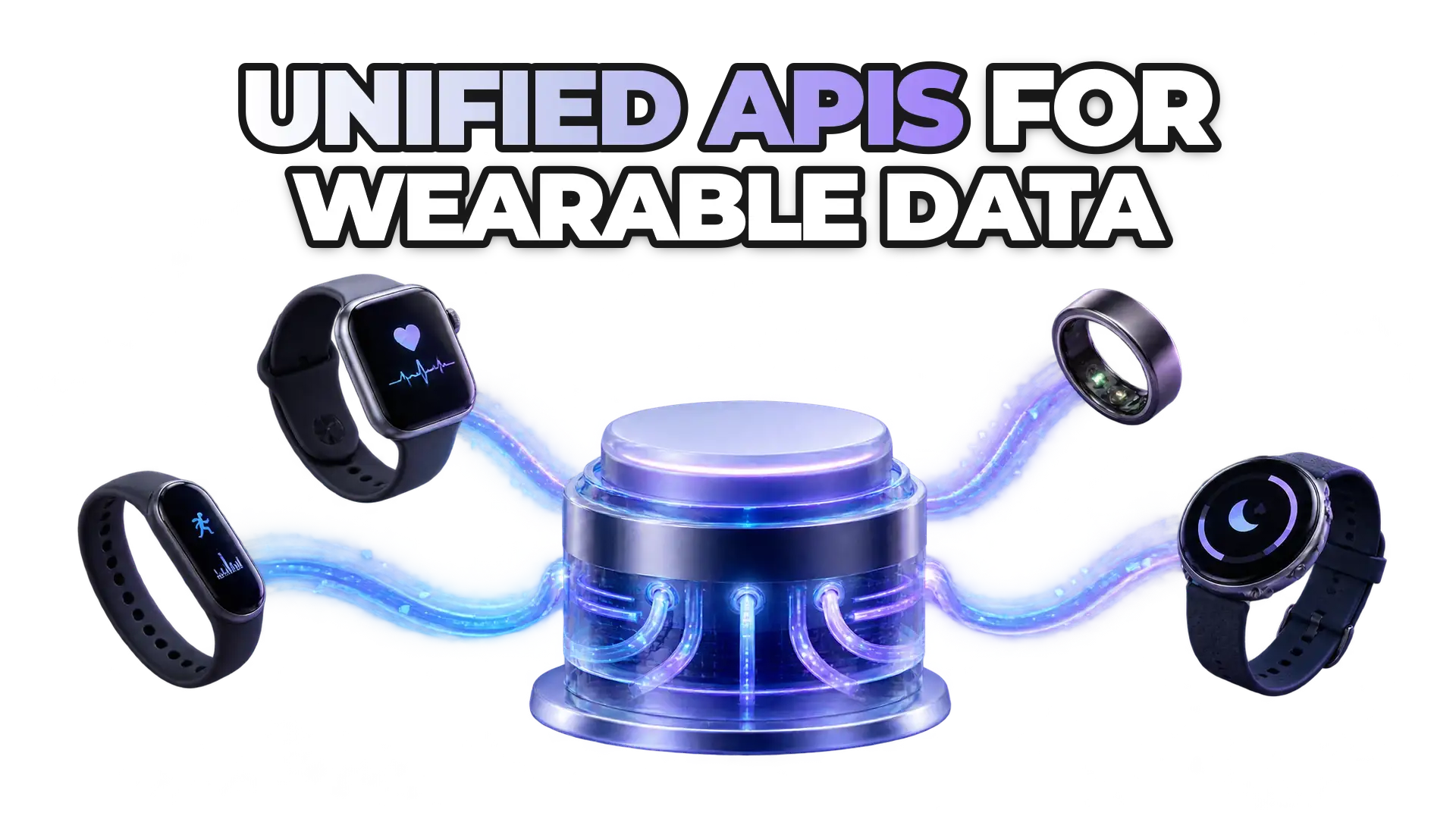 A central API hub translating data streams from multiple wearable devices and manufacturers into one standardized format, showing connected devices feeding into a single integration point.