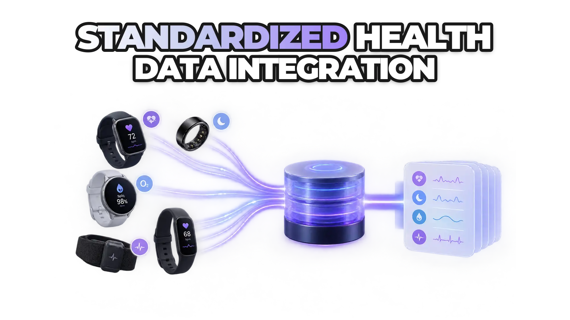 A unified data pipeline connecting 500+ wearable devices through a single API, showing diverse sensor inputs (heart rate, sleep, SpO2, ECG) flowing into a centralized standardized format. The visual emphasizes data normalization and consist