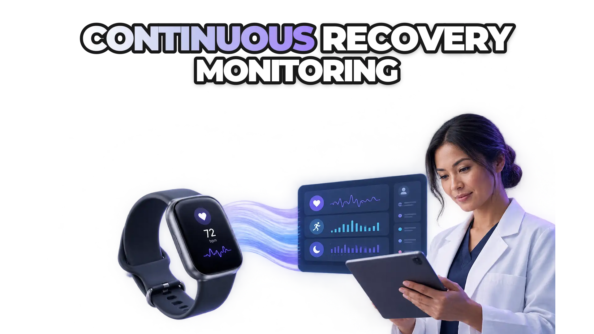 A wearable device transmitting real-time health data streams to a clinician's dashboard, illustrating the gap-closing between clinical visits through longitudinal activity, sleep, and heart rate trends.
