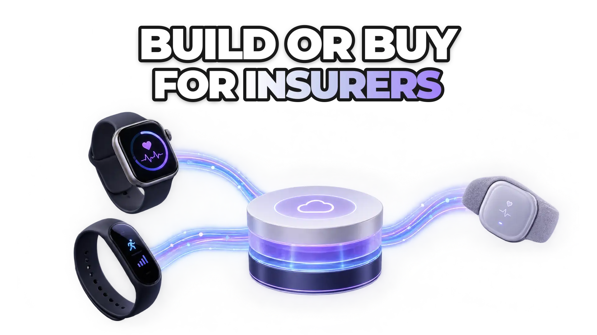 A connected ecosystem of wearable devices—smartwatch, fitness band, health monitor—flowing data streams into a central API gateway, representing standardized data aggregation without vendor fragmentation.