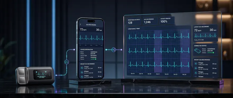 An ECG device and a phone showing heart readings on a cardiovascular program dashboard