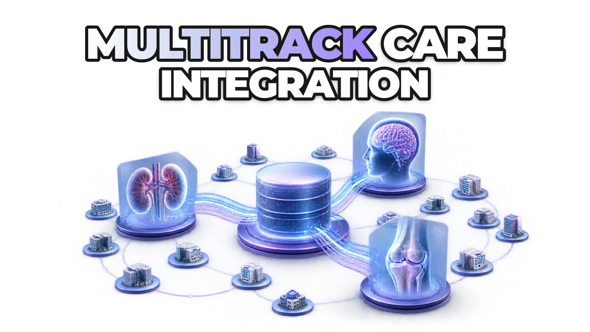 Connected care pathways linking chronic kidney disease, behavioral health, and musculoskeletal treatment within a single integrated data system, showing 187 organizations converging around shared patient records.