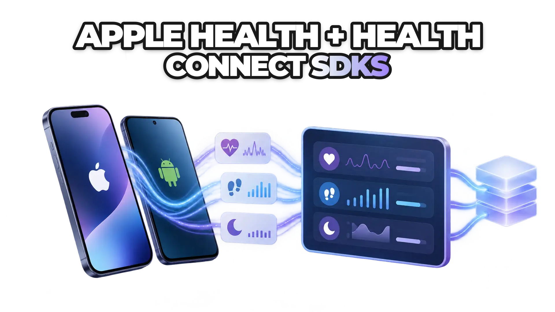 A unified data stream flowing from two smartphone platforms (iOS and Android) into a central health dashboard, showing heart rate, steps, and sleep metrics converging into standardized data blocks.