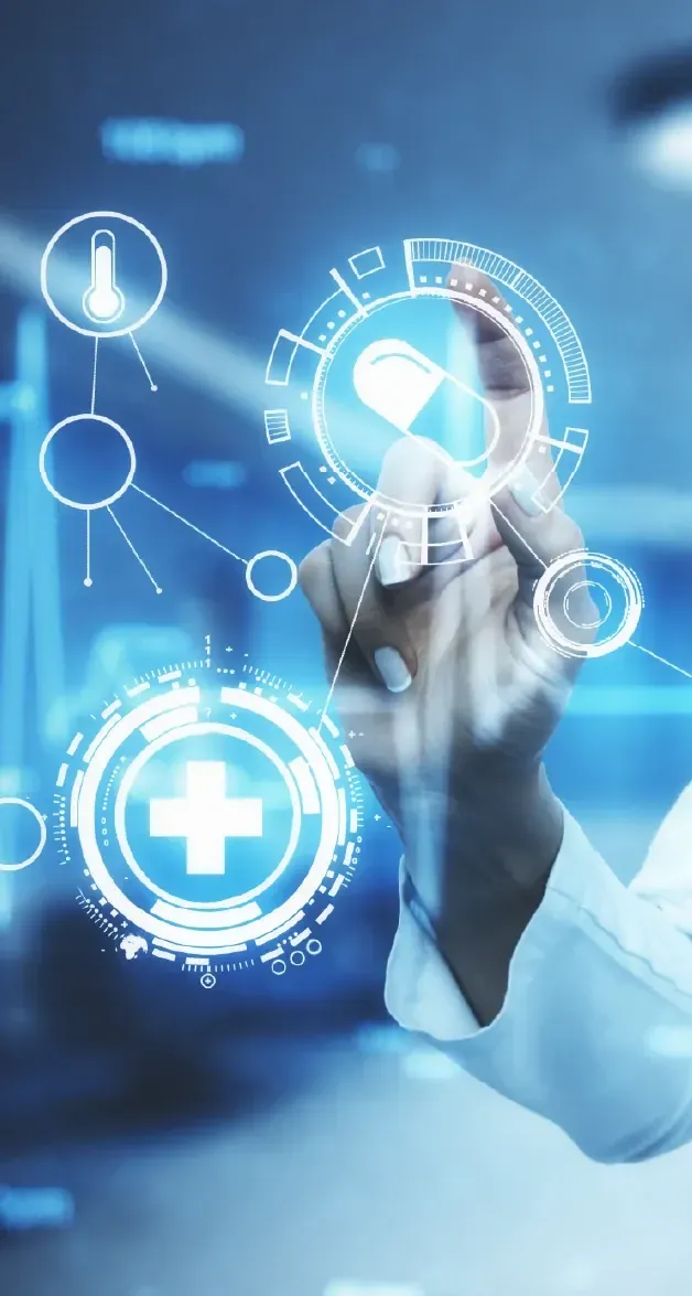 Hand touching a holographic health interface with medical icons