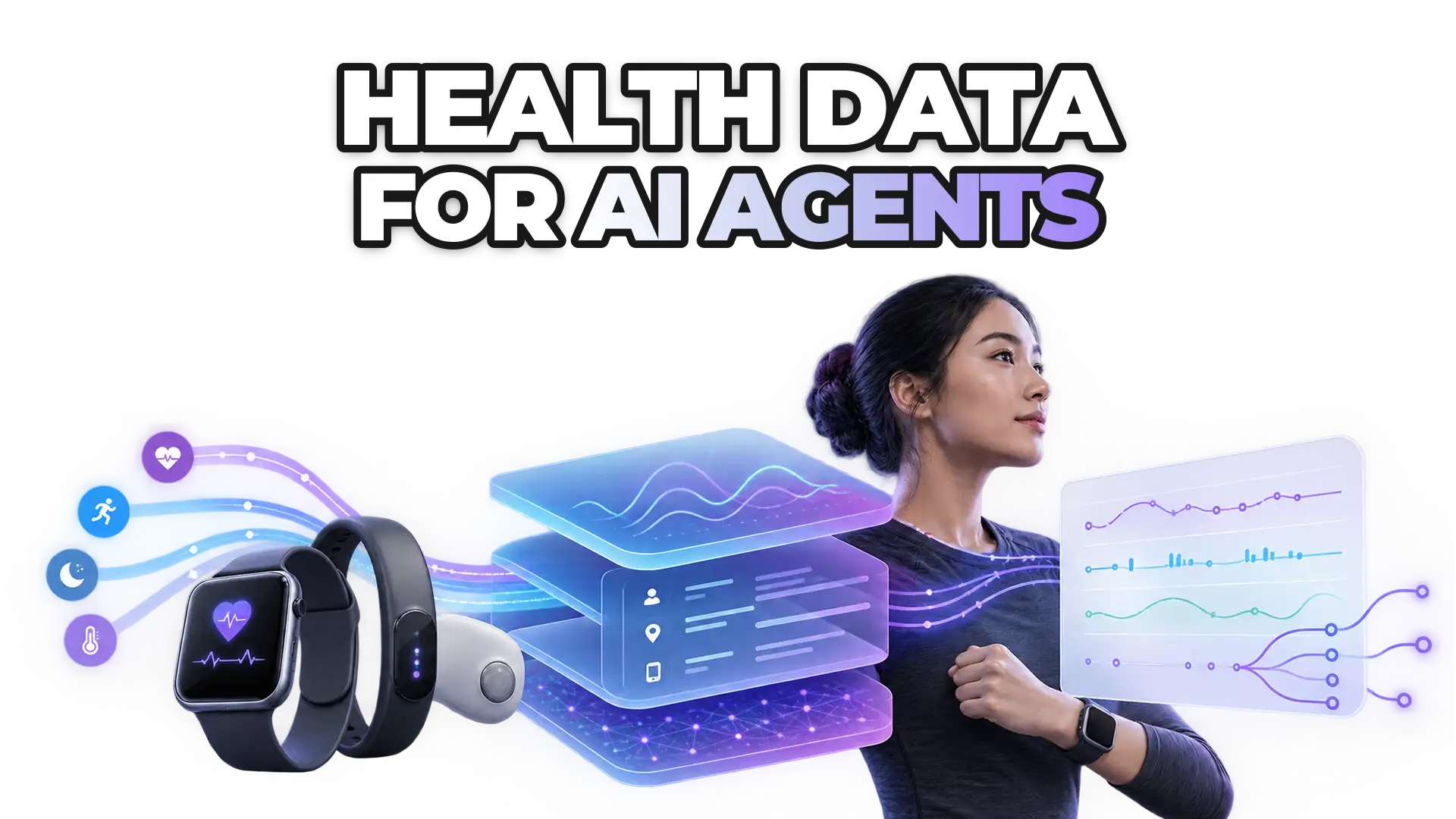 An AI agent observing continuous streams of health data from wearable devices, with data flowing through standardization and contextualization layers. Show longitudinal data patterns, device integration, and decision pathways without diagno