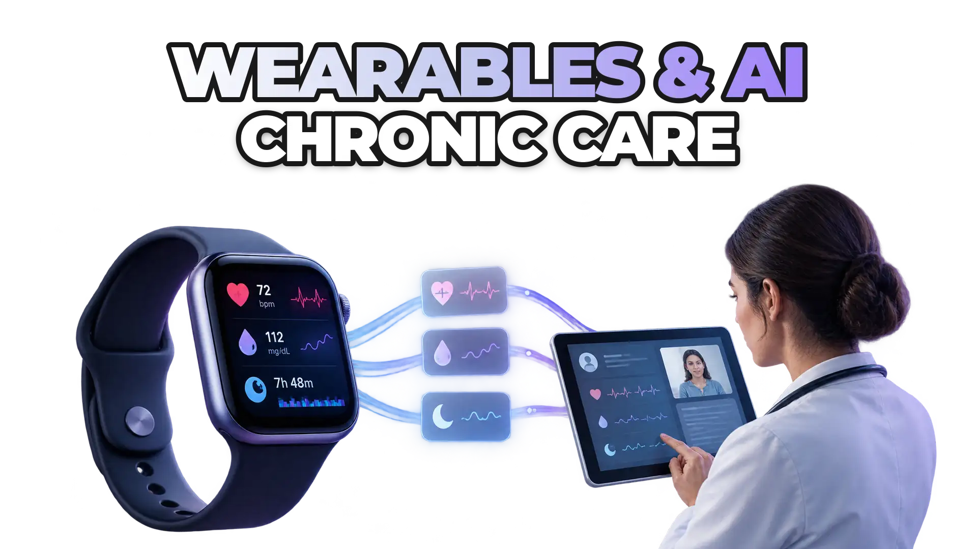 A smartwatch or wearable device displaying continuous health metrics (heart rate, glucose, sleep data) connected through a digital pathway to a clinician's interface, showing how real-time biomarker data flows into care decisions without re