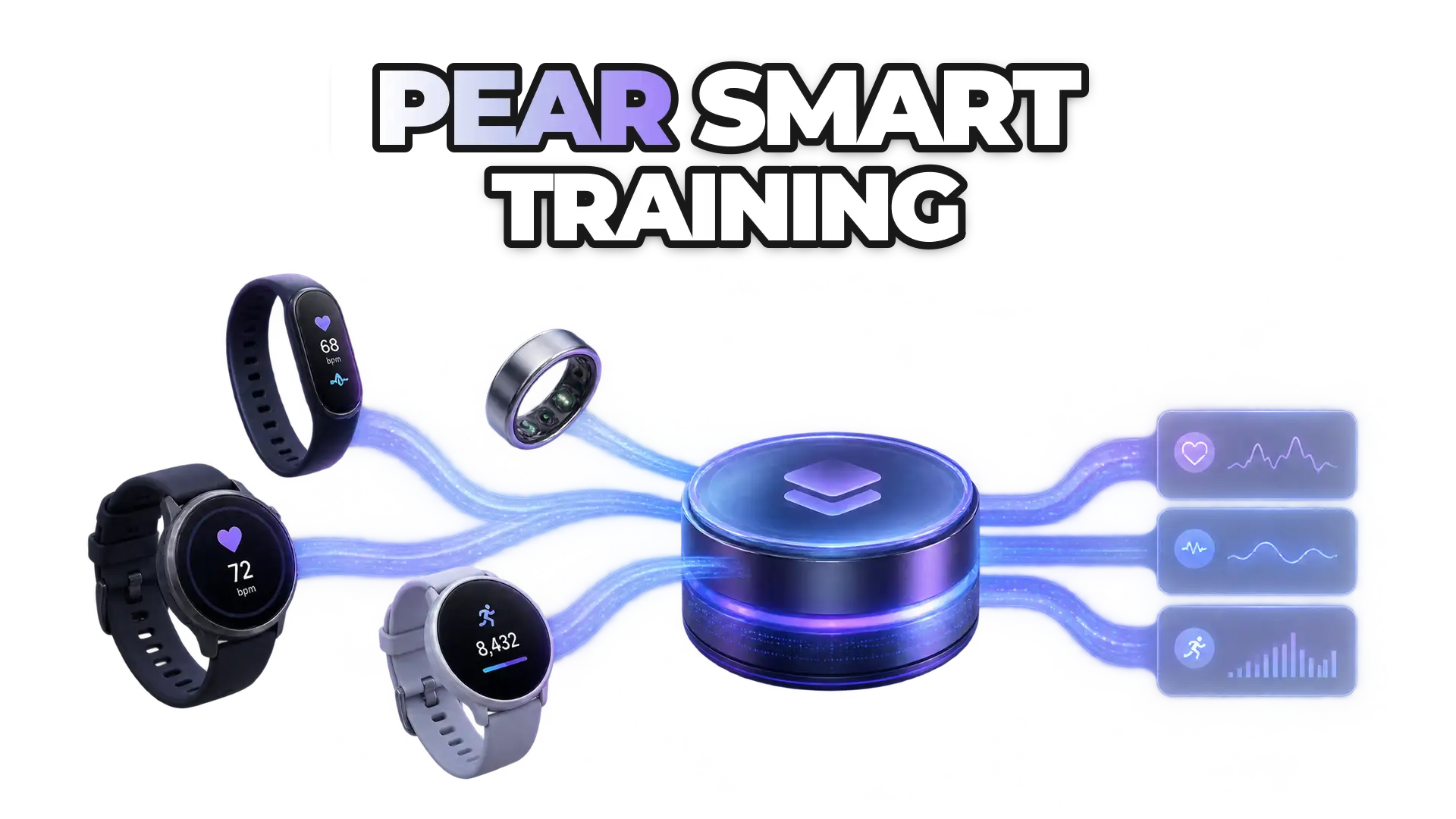 A unified API gateway connecting multiple wearable devices and data sources into a single standardized data stream, showing real-time heart rate, HRV, and activity metrics flowing into a central processing hub.