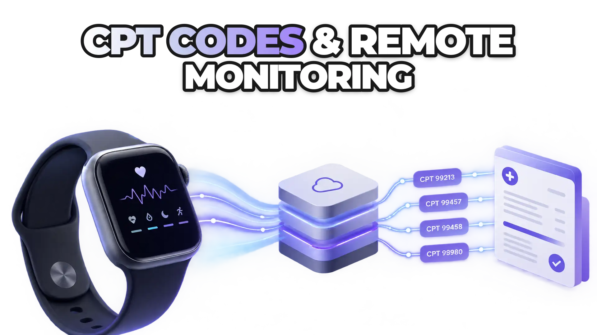 A wearable device transmitting standardized health data streams to a billing system, with CPT code classifications organizing the flow. Shows the bridge between continuous patient monitoring and accurate reimbursement, without diagnostic im