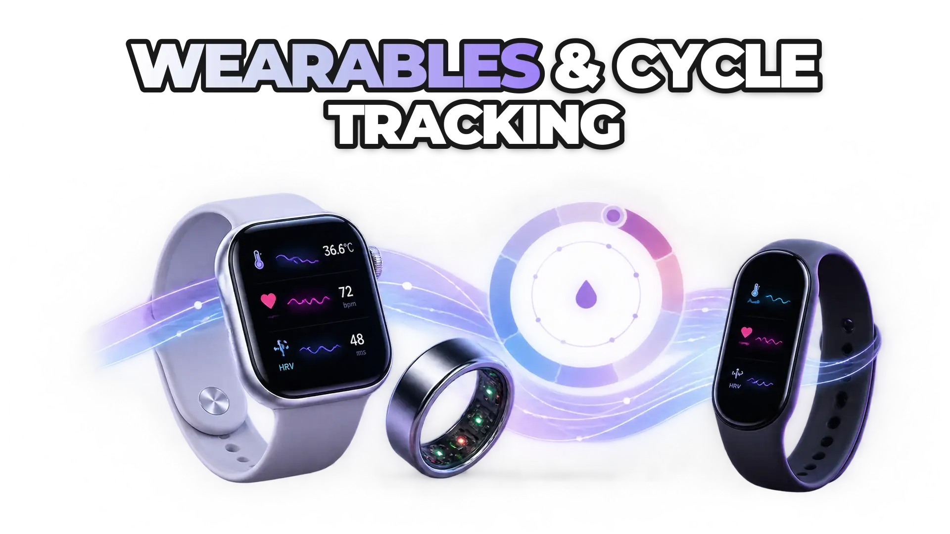 A smartwatch, ring, and fitness band displaying continuous physiological signals—temperature, heart rate, HRV—synchronized with a menstrual cycle timeline. The visual centers on data flowing from wearable sensors into a unified cycle model,
