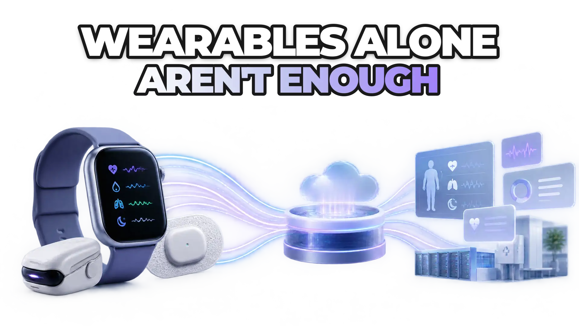 Connected medical devices, wearables and clinical systems flowing data into a unified platform. Shows the gap between isolated wearable signals and integrated healthcare context without depicting diagnosis.