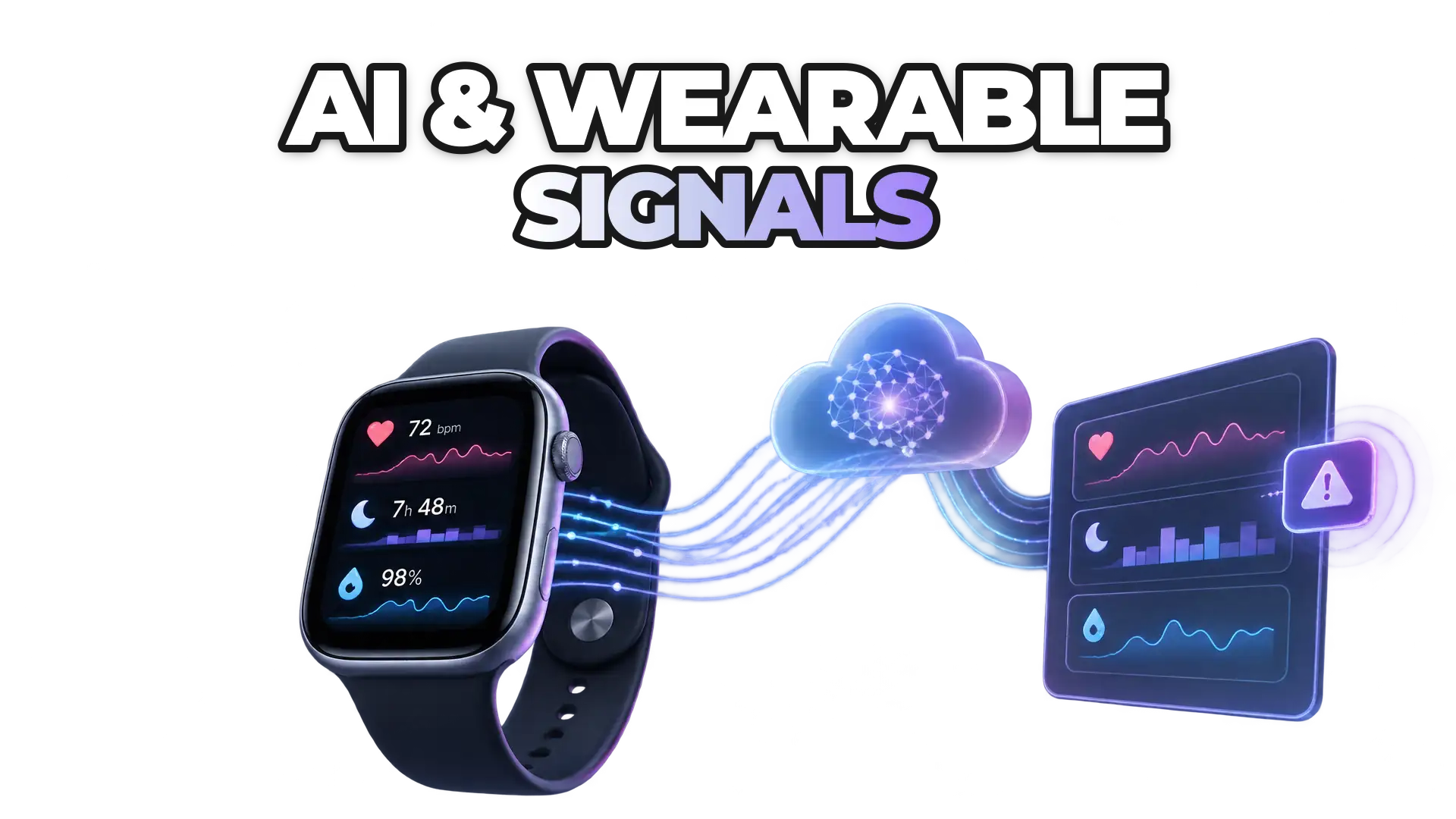 A smartwatch or wearable biosensor connected to a cloud-based AI platform, displaying real-time health metrics (heart rate, sleep, blood oxygen) with an alert or flag emerging from the data stream. Show continuous data flow from device to a
