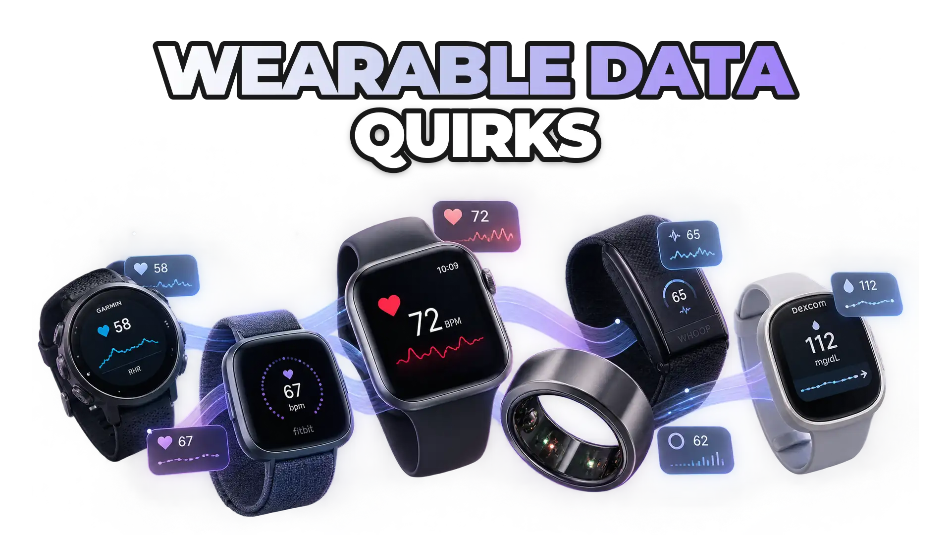 Multiple wearable devices (Apple Watch, Garmin, Fitbit, Oura, WHOOP, Dexcom) displaying different readings for the same health metric, emphasizing data inconsistency across brands.
