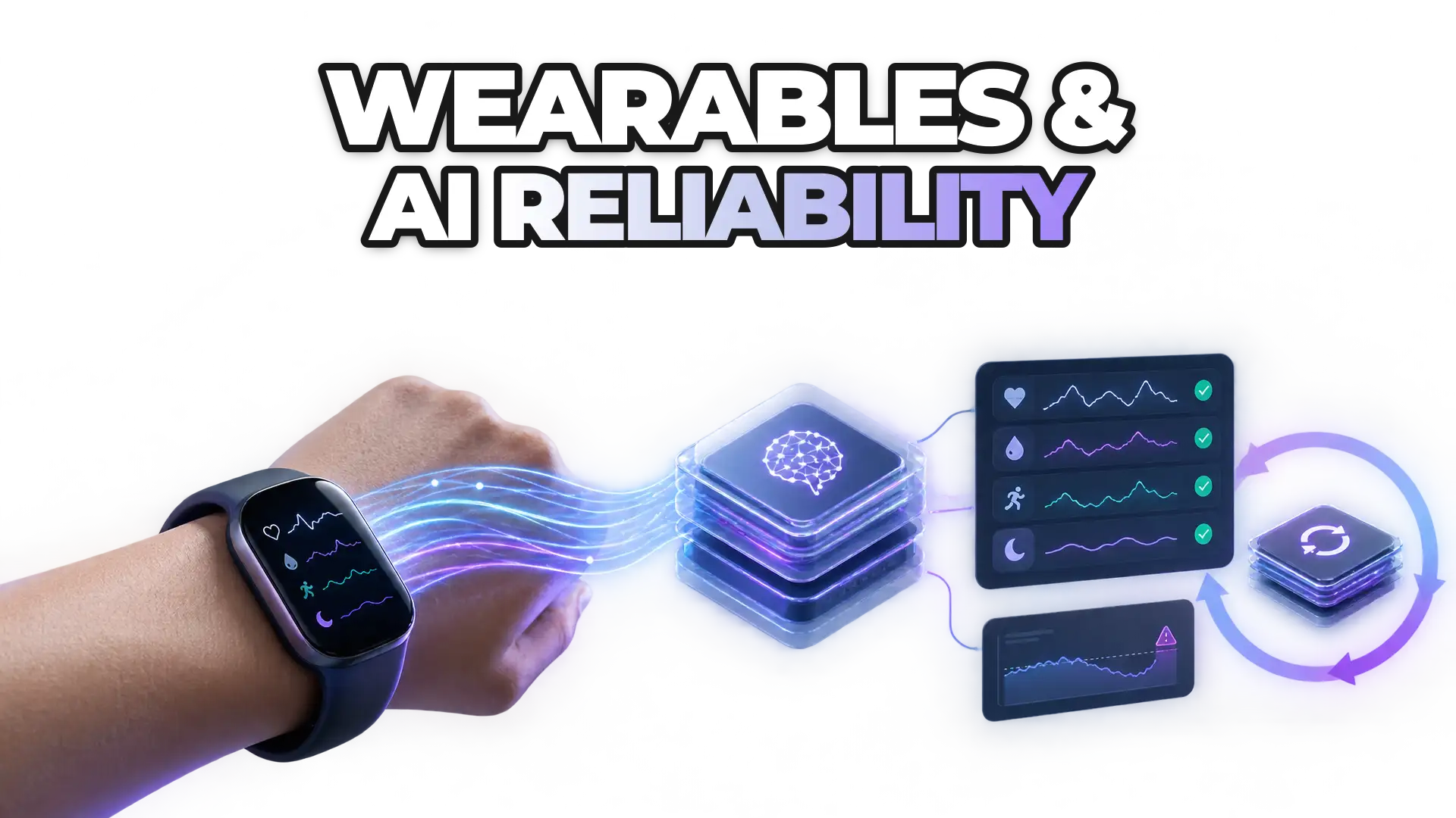A wearable device transmitting continuous health signals into an AI model that is being monitored and validated over time. Include visual markers of quality control, drift detection, and continuous recalibration cycles.